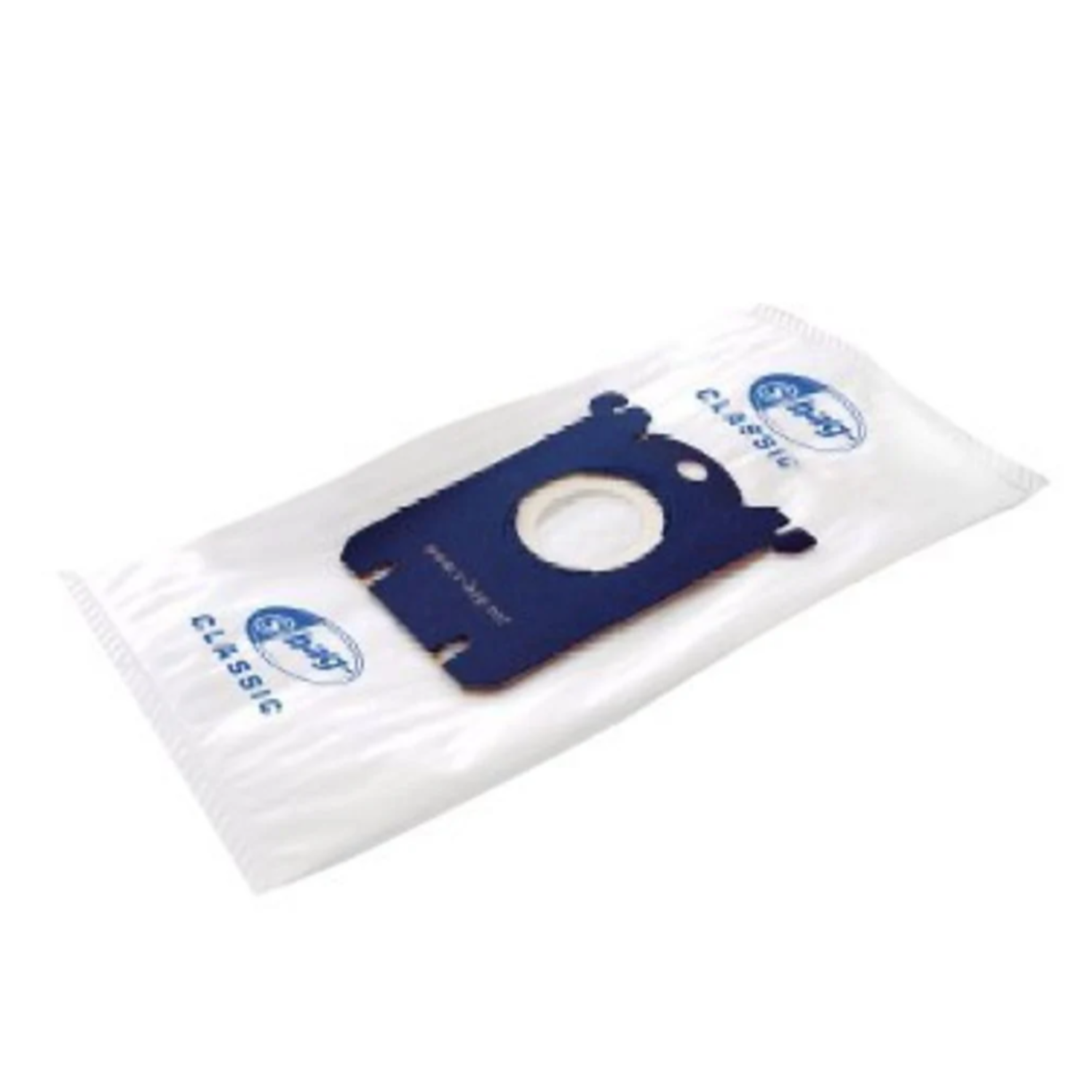 A white vacuum cleaner bag, with a blue central element, isolated against a white background.