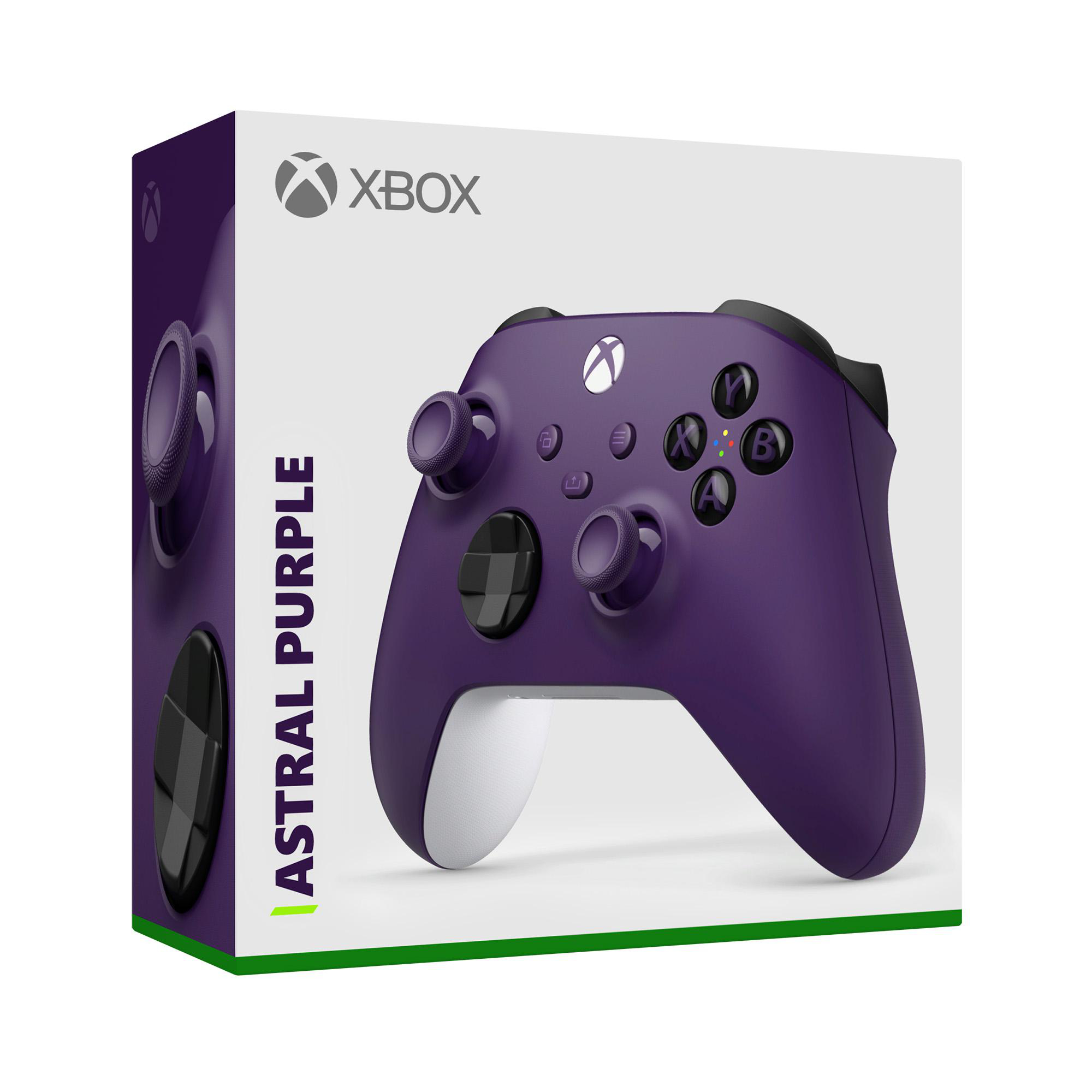 Xbox-Controller in lila Box mit 'Astral Purple' auf der Seite. Weißer Hintergrund.