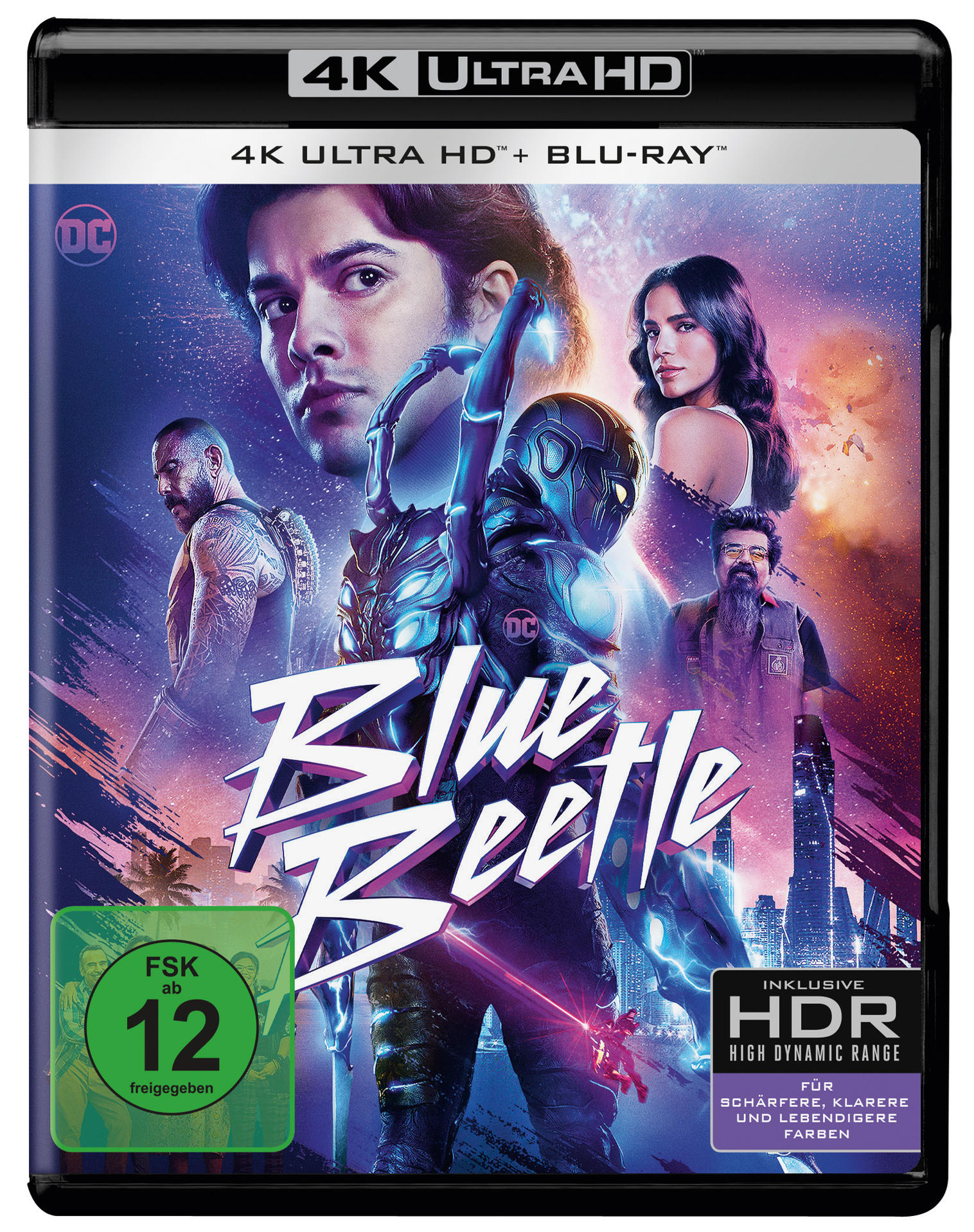 Blue Beetle 4K Ultra HD Blu-ray Cover mit Schauspielern.