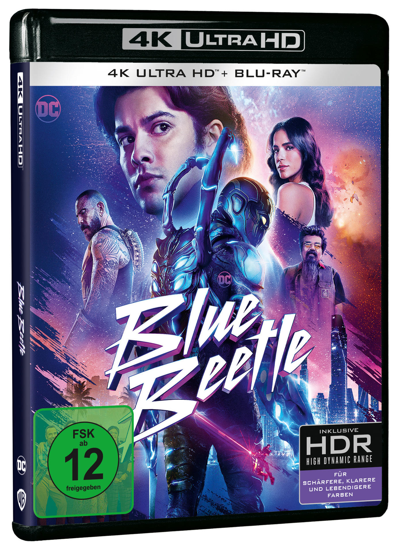 Filmcover von 'Blue Beetle' auf einer 4K Ultra HD Blu-ray, mit Schauspielern und Logos.