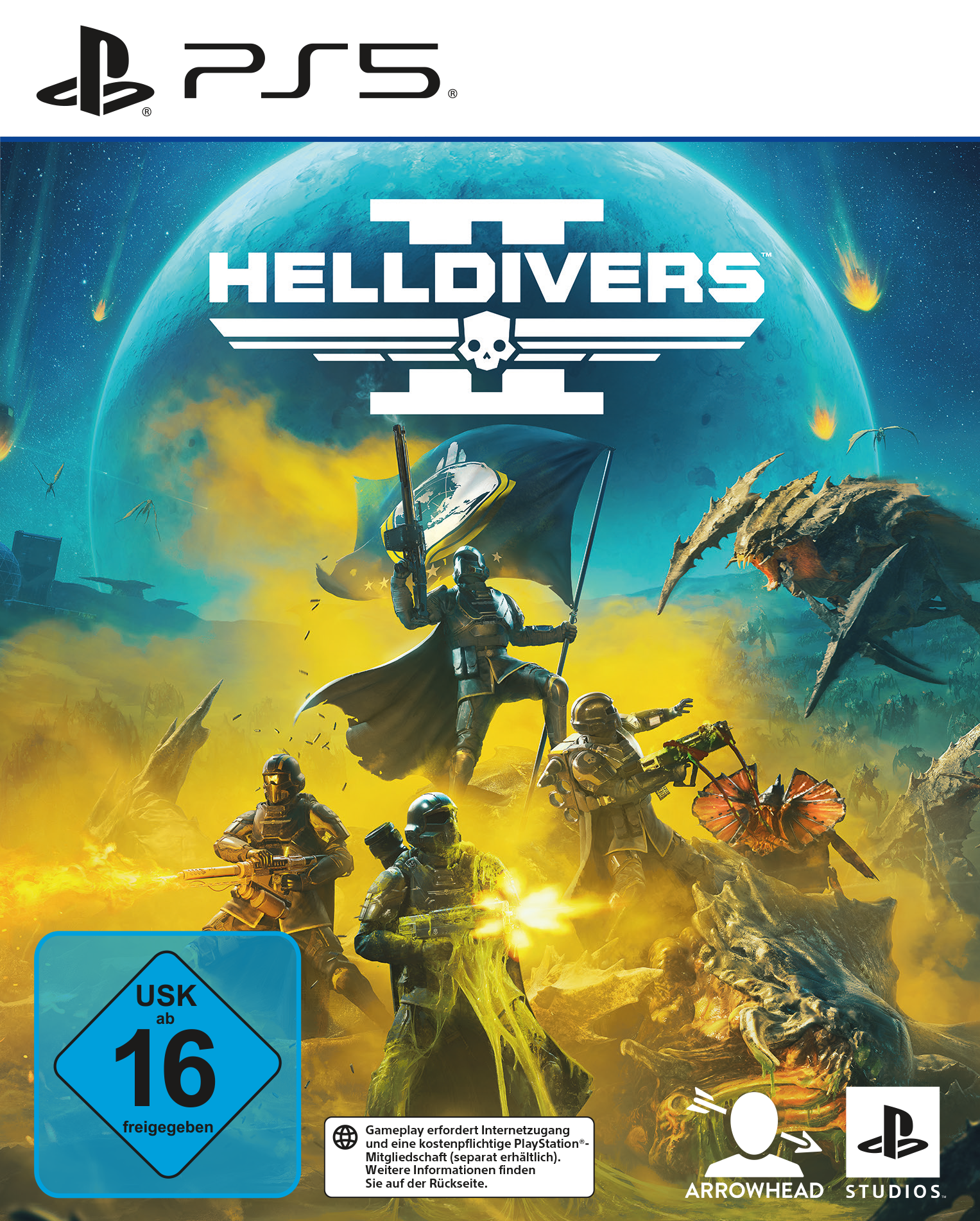 Helldivers 2 PS5-Spielcover. Soldaten mit Waffen sind in futuristischer und feuriger Umgebung zu sehen.