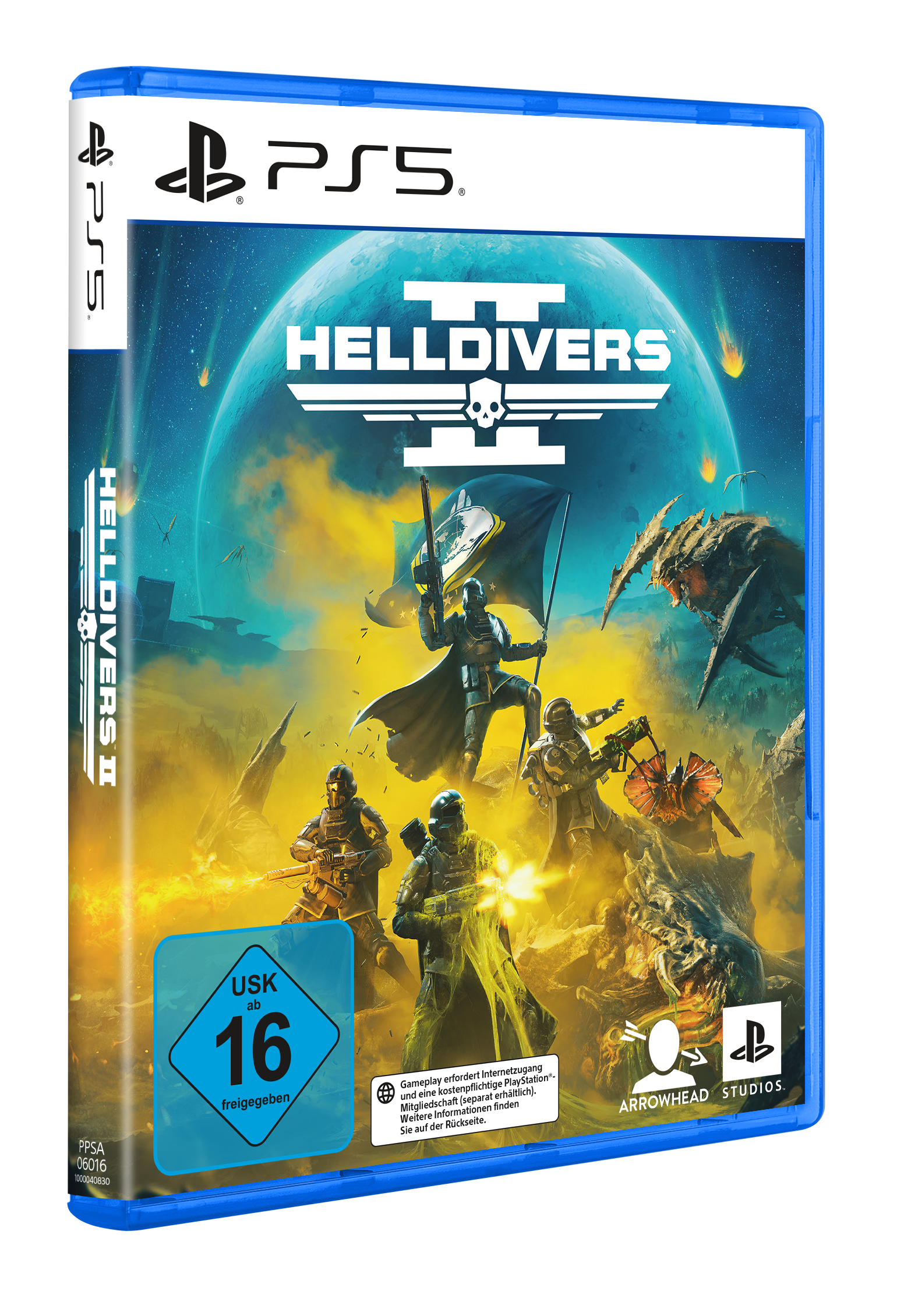 PS5-Spielbox von Helldivers 2. Charaktere auf einem Planeten, blaue Box.