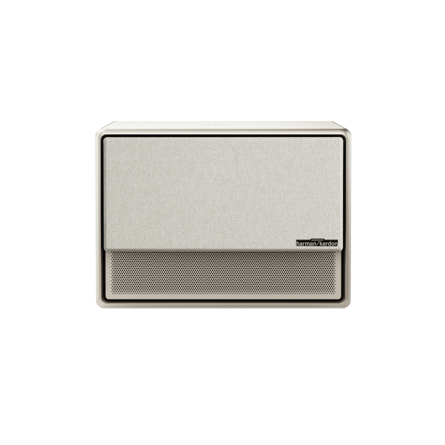 A white speaker with a mesh front. The brand name is on the bottom right.