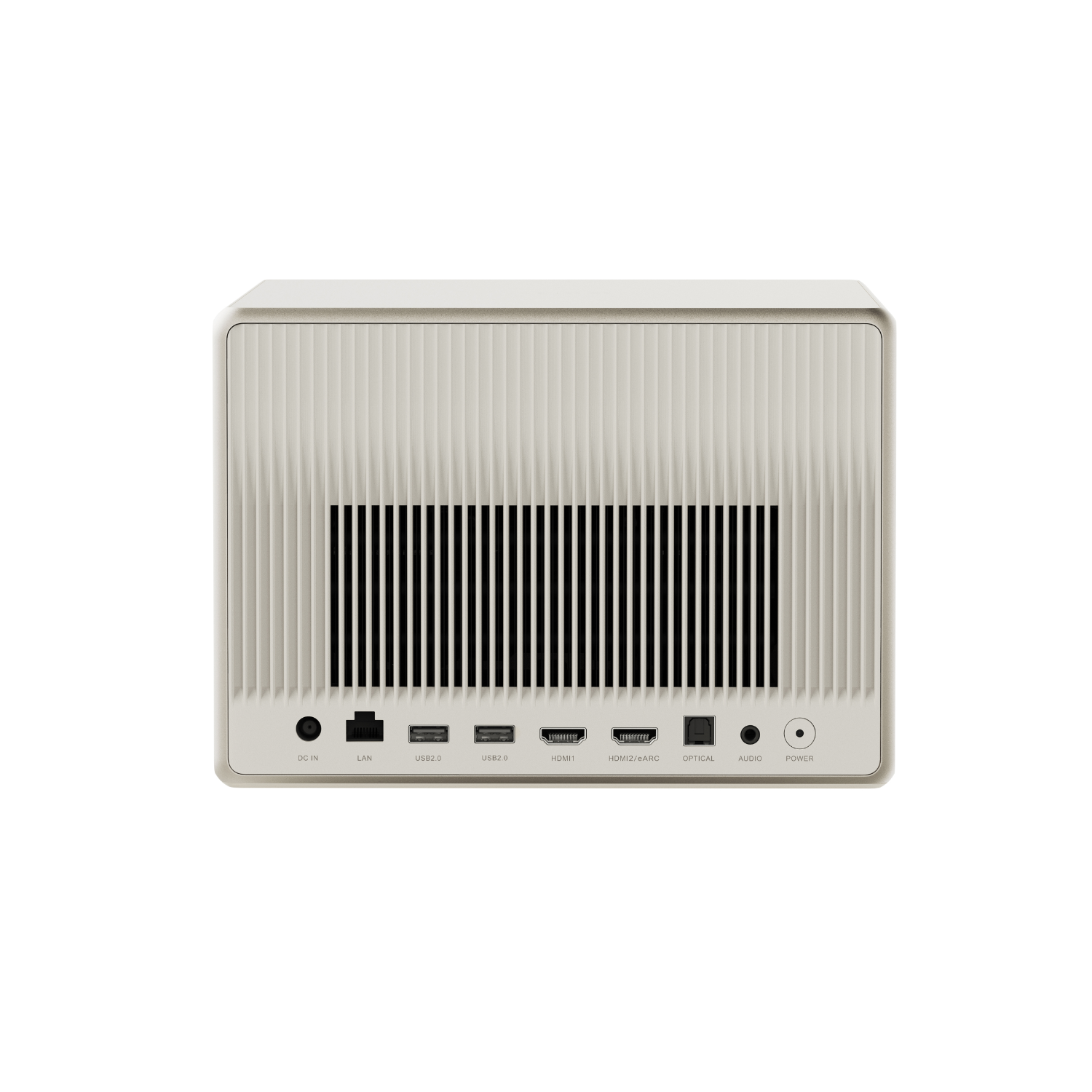 A beige computer case with a ribbed design and ports on the back. Black vents are visible.