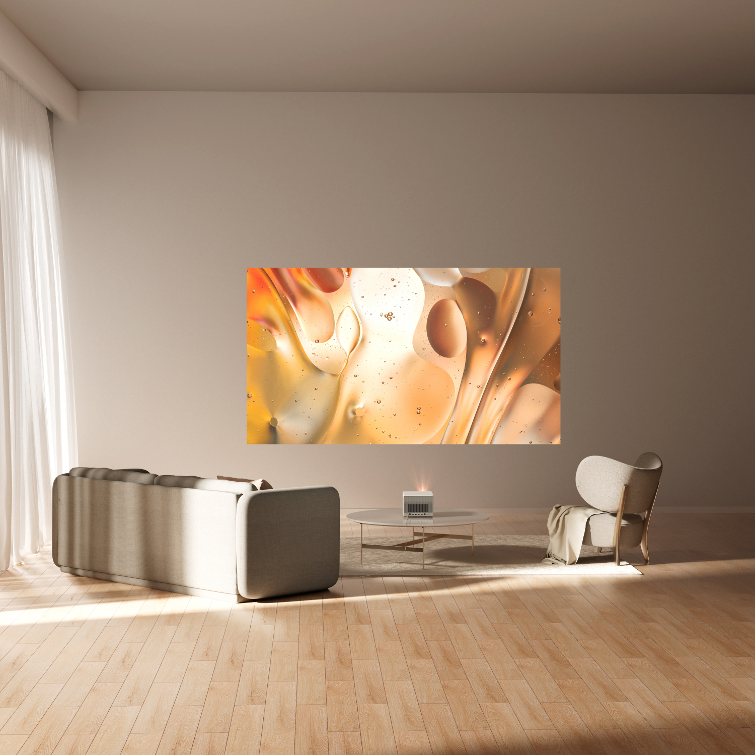 Living room with a projected image on the wall. Beige sofa, round table, and a chair. Wooden floor.