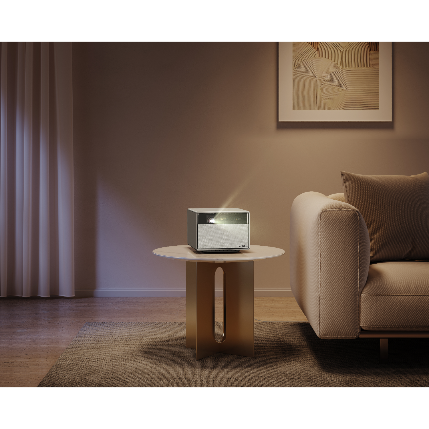 A small projector on a table illuminates the wall. A sofa and painting are in the background.
