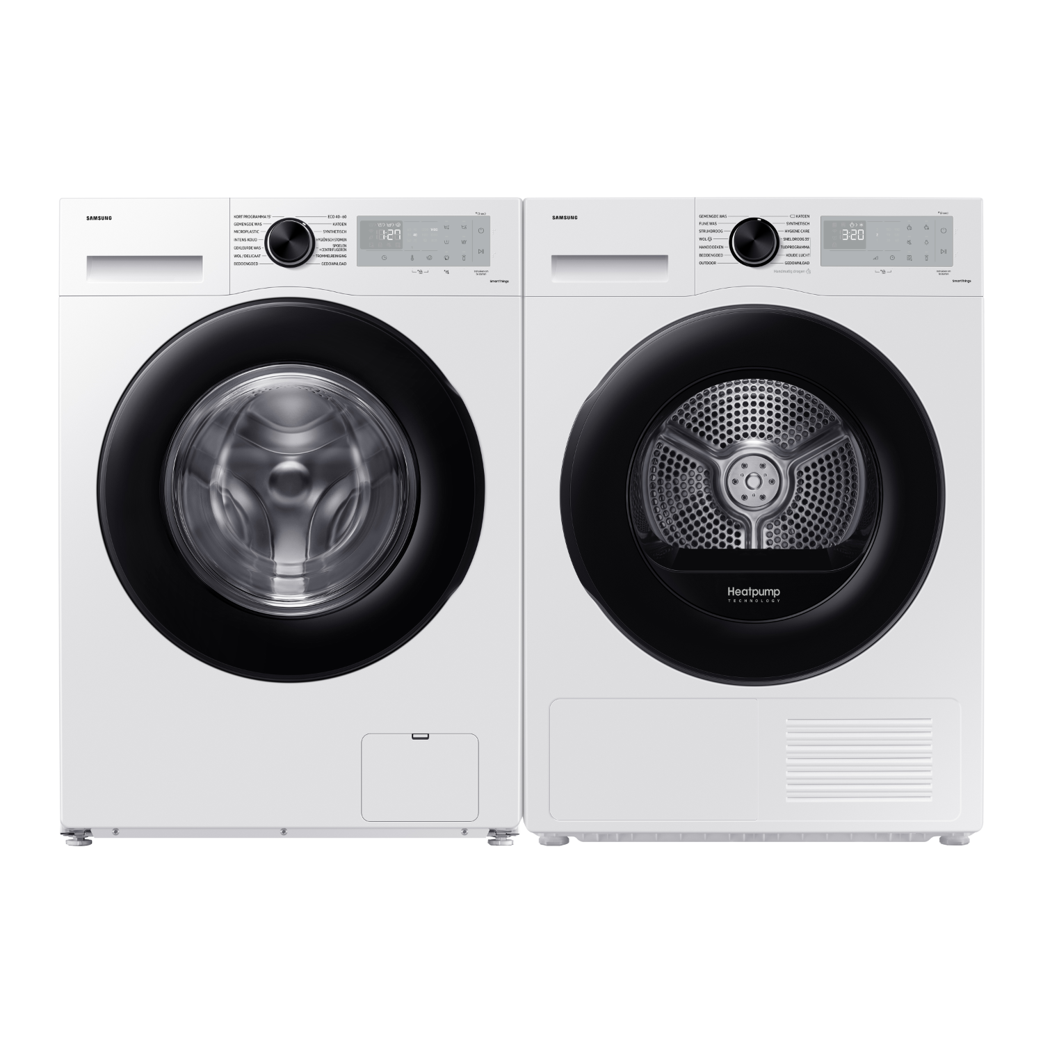 Wit wasmachine- en drogerpaar. Zwarte deuren en bedieningspanelen. Displays.