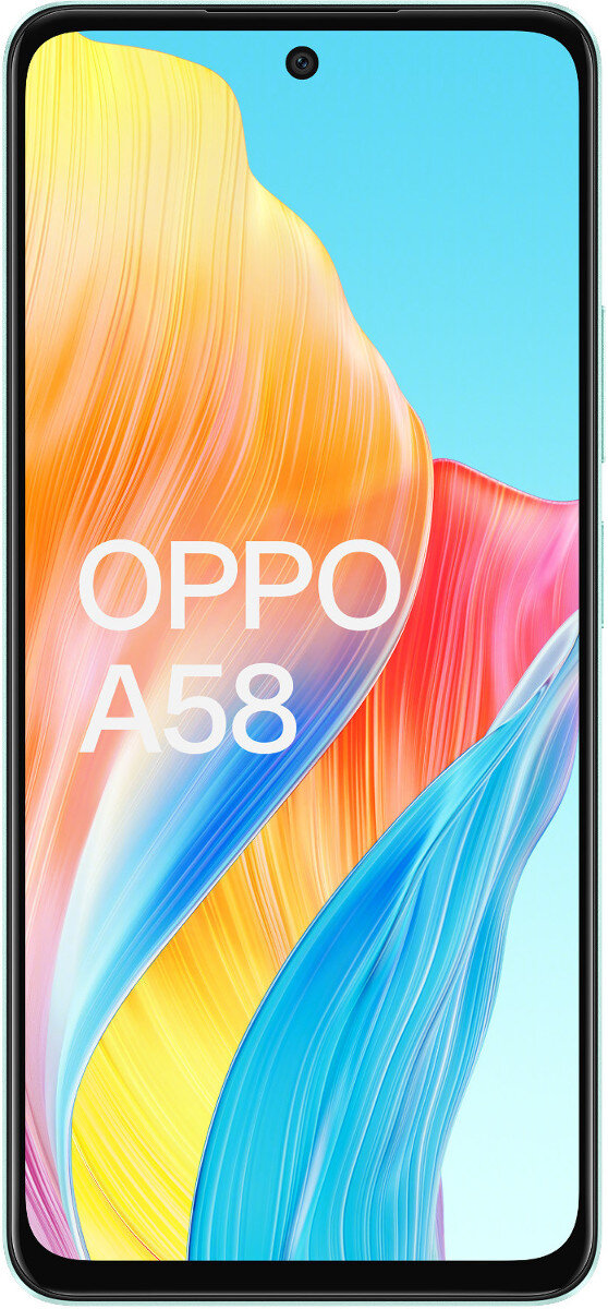 Telefon Oppo A58 z kolorowym abstrakcyjnym tłem, widok z przodu.