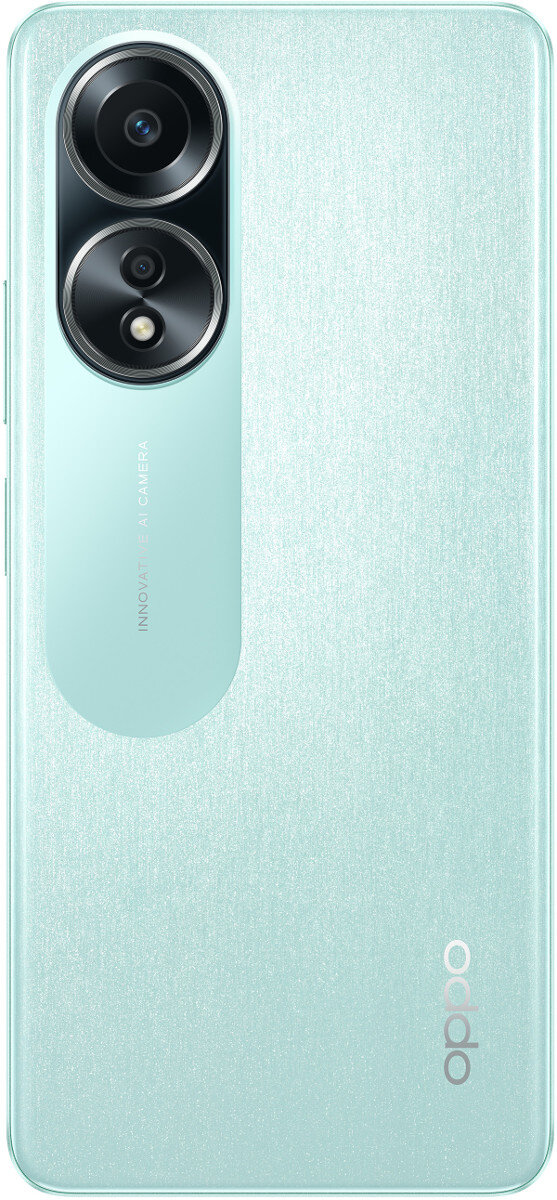 Tył jasnoniebieskiego telefonu Oppo, z podwójnym aparatem i logo Oppo na dole.