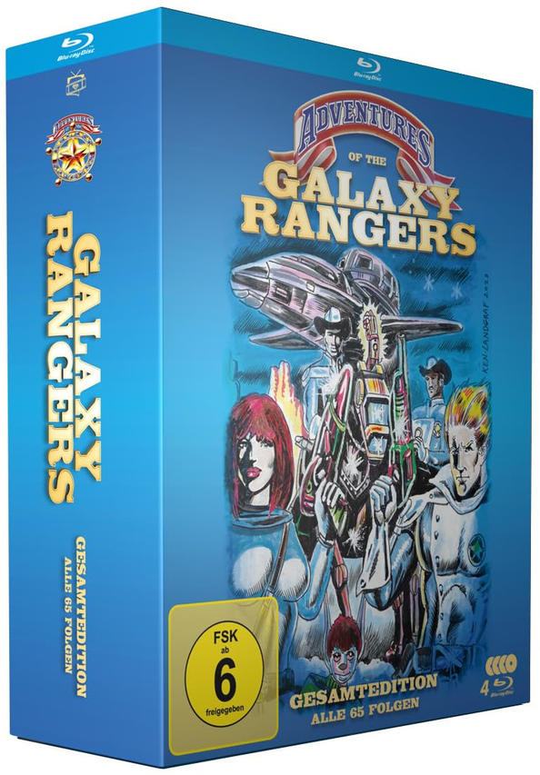 Blu-ray-Box-Art. Zeichentrickfiguren in einem Raumschiff. Text: Adventures of the Galaxy Rangers. Blauer Hintergrund.