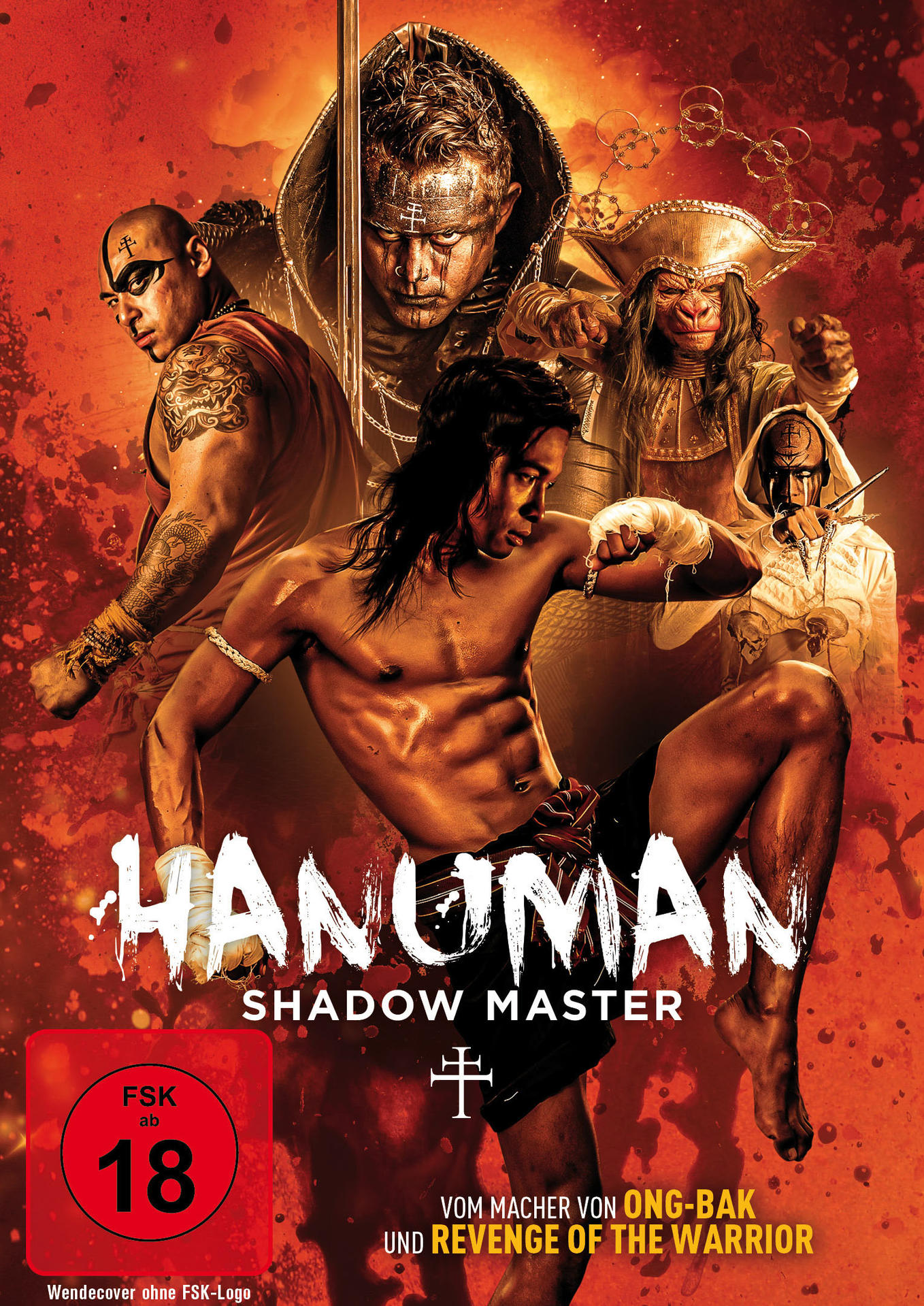 DVD-Cover für 'Hanuman: Shadow Master'. Mehrere Figuren, Filmtitel und das Rating-Logo.