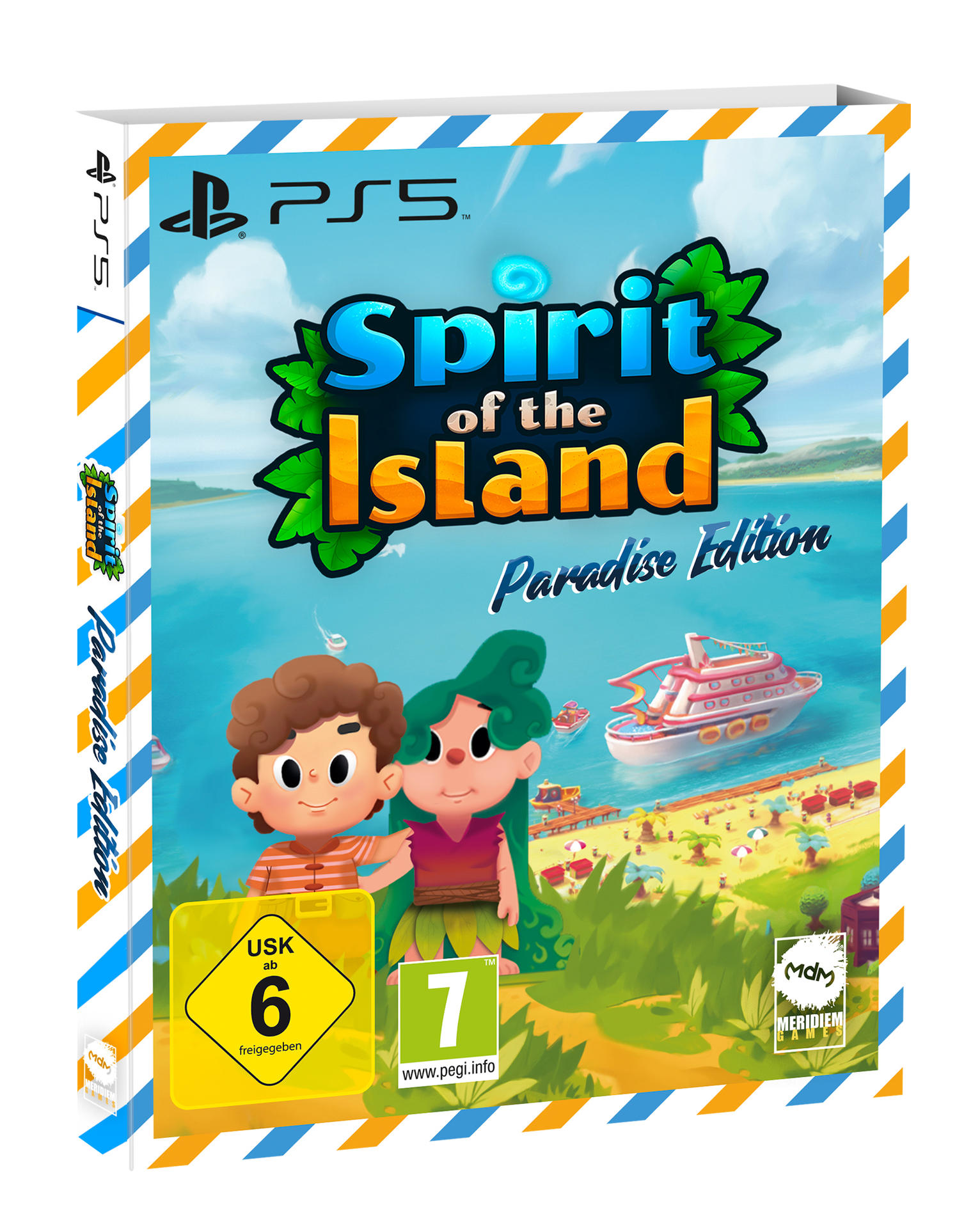 Spielhülle für PS5. Zeigt zwei Zeichentrickfiguren an einem Strand, mit einem Boot und Text.
