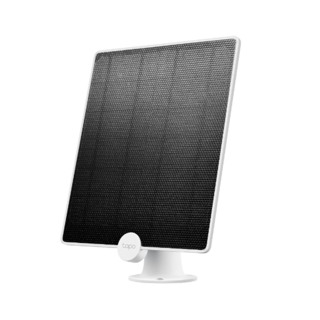 Tapo-Solarpanel mit weißer Halterung. Es ist schwarz und hat ein Logo.