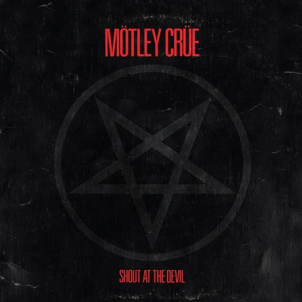 A Mötley Crüe 'Shout at the Devil' című albumának borítója. Piros szöveg, fekete háttér, pentagram.