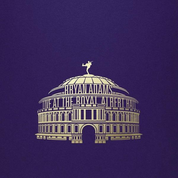 Arany illusztráció a Royal Albert Hall-ról, 'Bryan Adams Live at the Royal Albert Hall' felirattal, lilán.