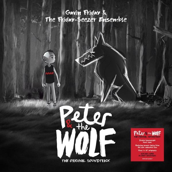 Album borító: Egy fiú és egy farkas az erdőben, fekete-fehér illusztráció, a 'Peter & the Wolf' címmel.