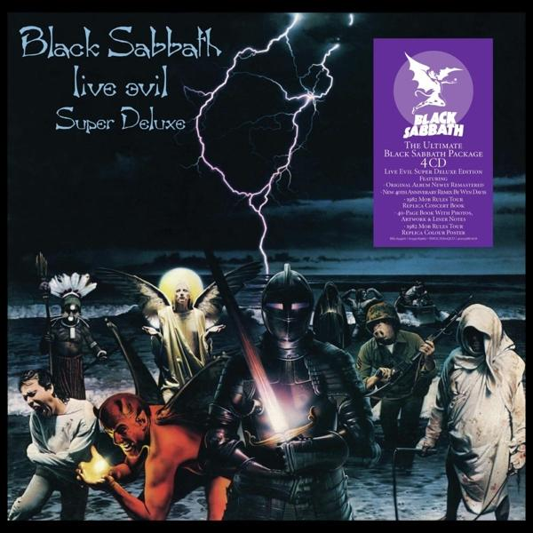 Album borító: Black Sabbath, sötét képek, a zenekar tagjai, villámlás, hullámok és szöveg.