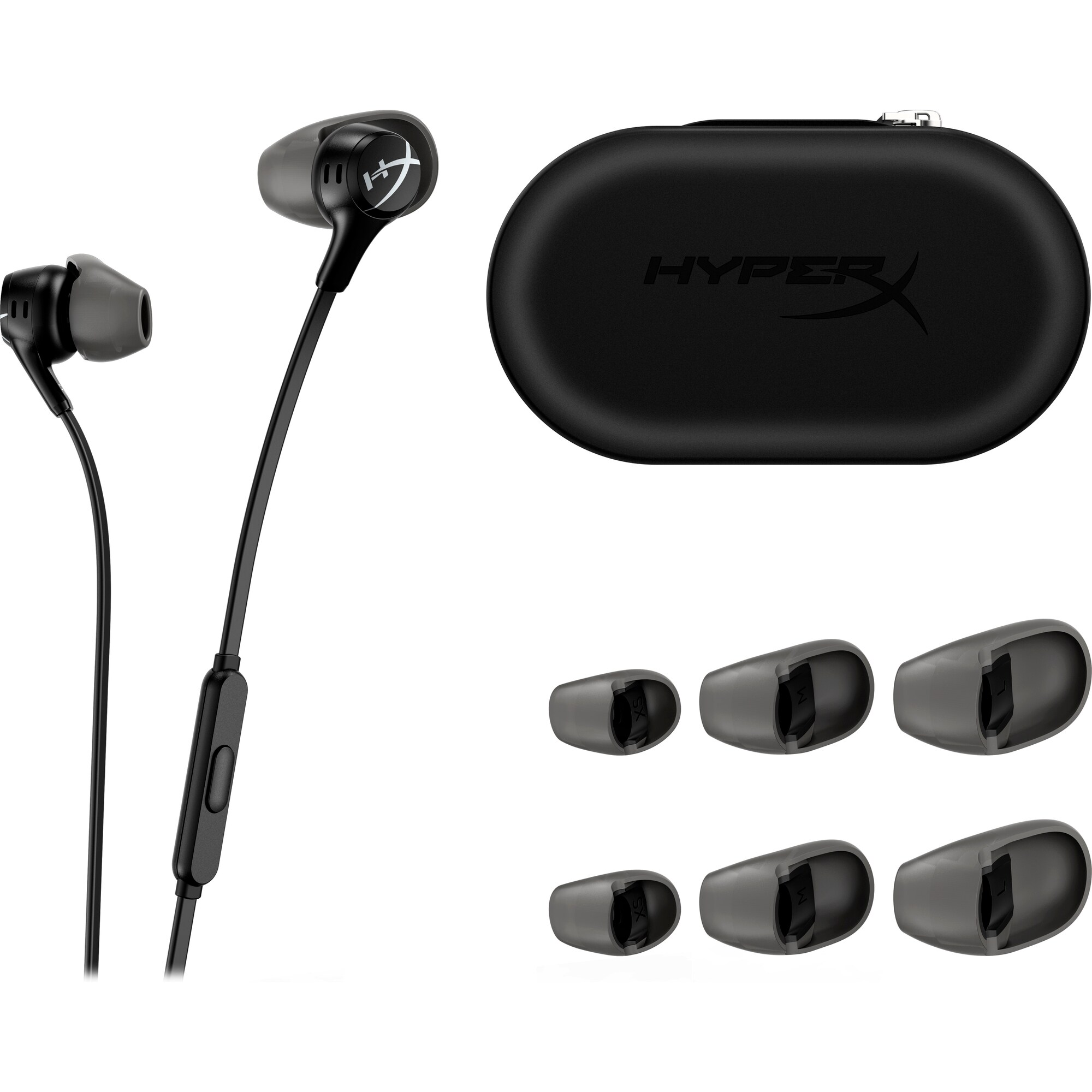 Siyah kulak içi kulaklıklar, kılıf ve ekstra kulaklık uçları. Marka HYPERX'tir.
