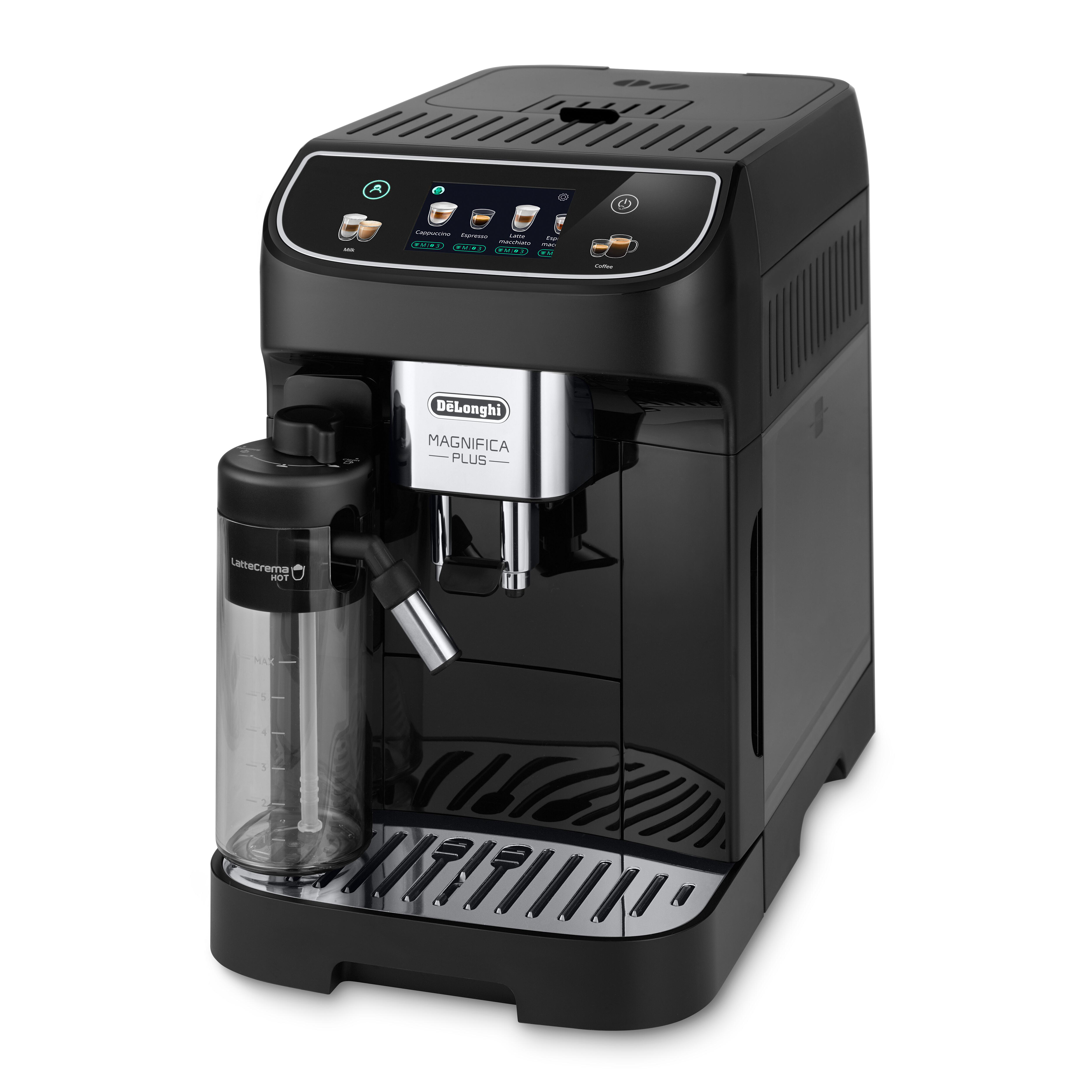 Eine schwarze De'Longhi Kaffeemaschine mit Milchbehälter und Display.