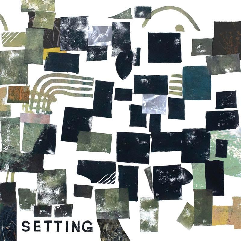 Abstrakte Kunst mit schwarzen und grünen Formen auf Weiß, Text 'SETTING' unten, Collage-Stil.