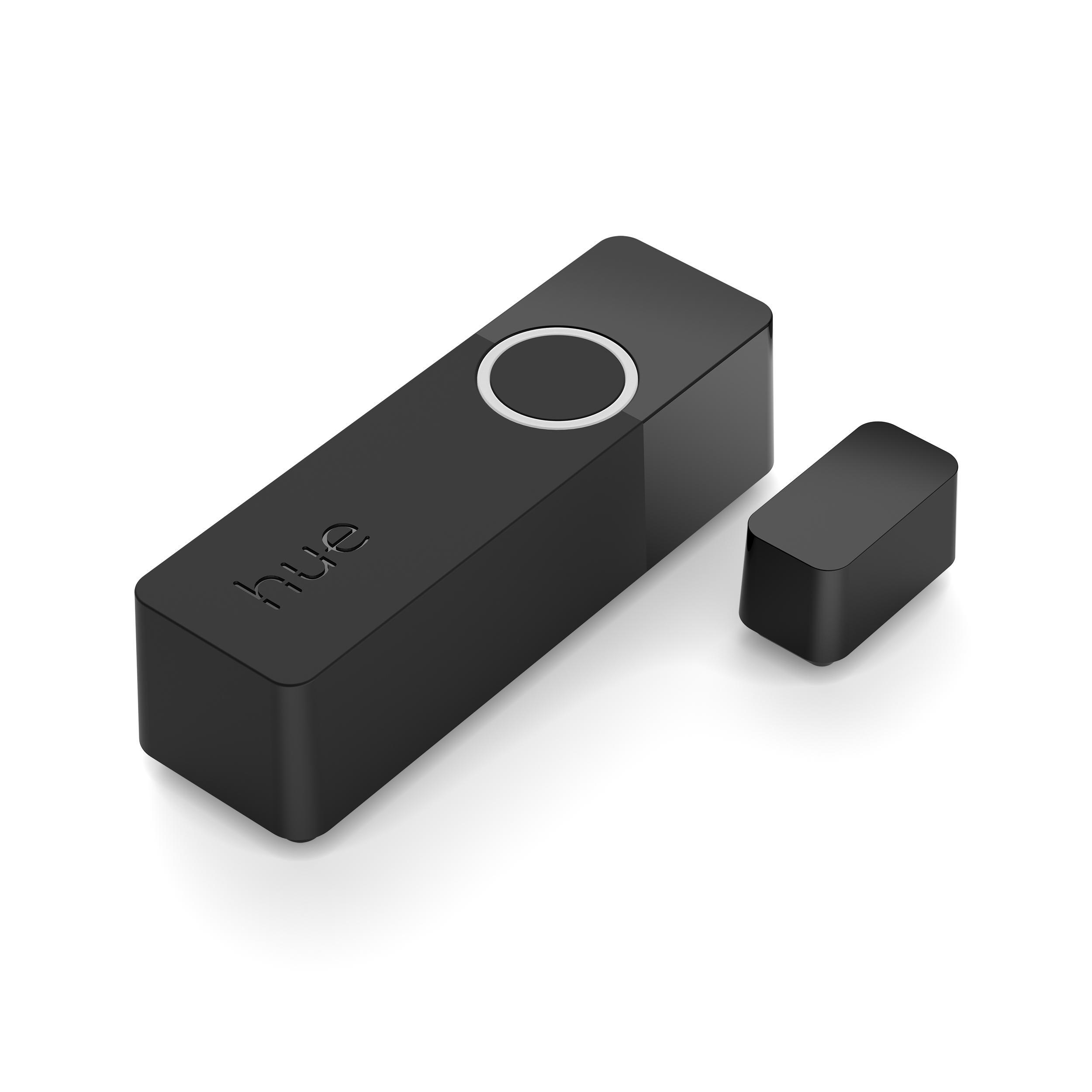 Zwei schwarze Smart-Home-Hubs, einer rechteckig und einer kleiner, mit 'hue'-Branding.