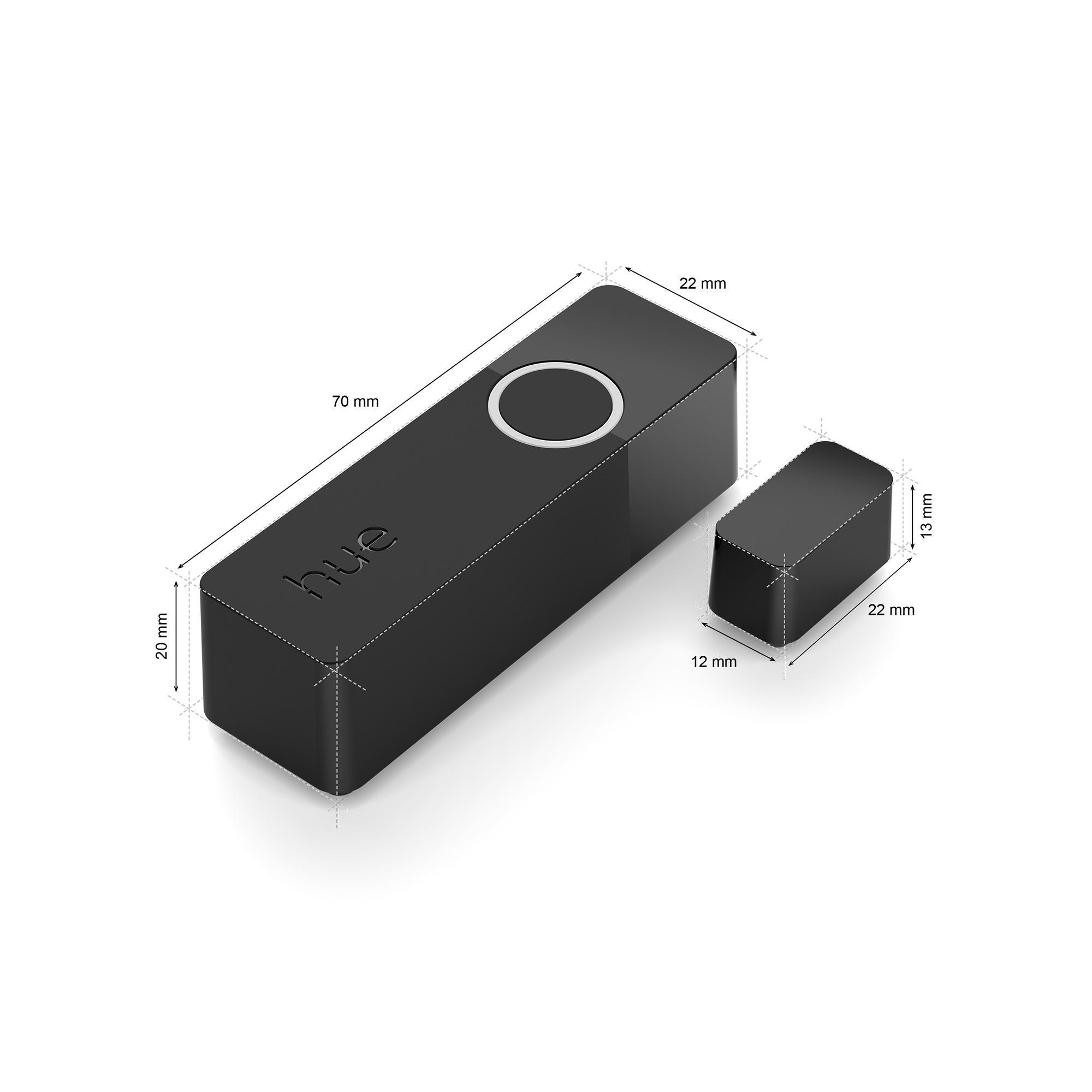 Ein schwarzes rechteckiges Smart-Home-Gerät mit Abmessungen und ein kleinerer Block.