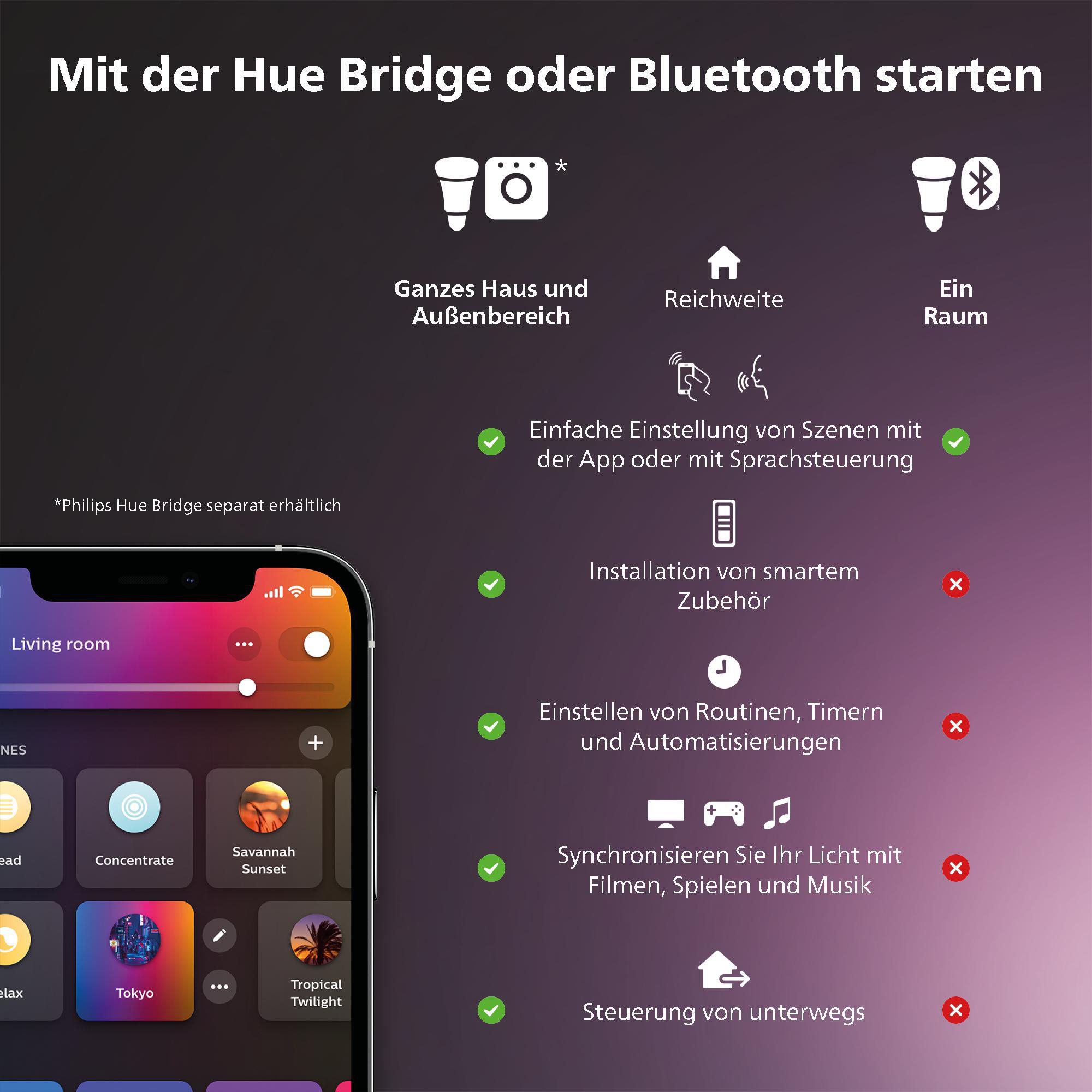Infografik mit Funktionen der Philips Hue Smart-Beleuchtung, gesteuert über eine App.