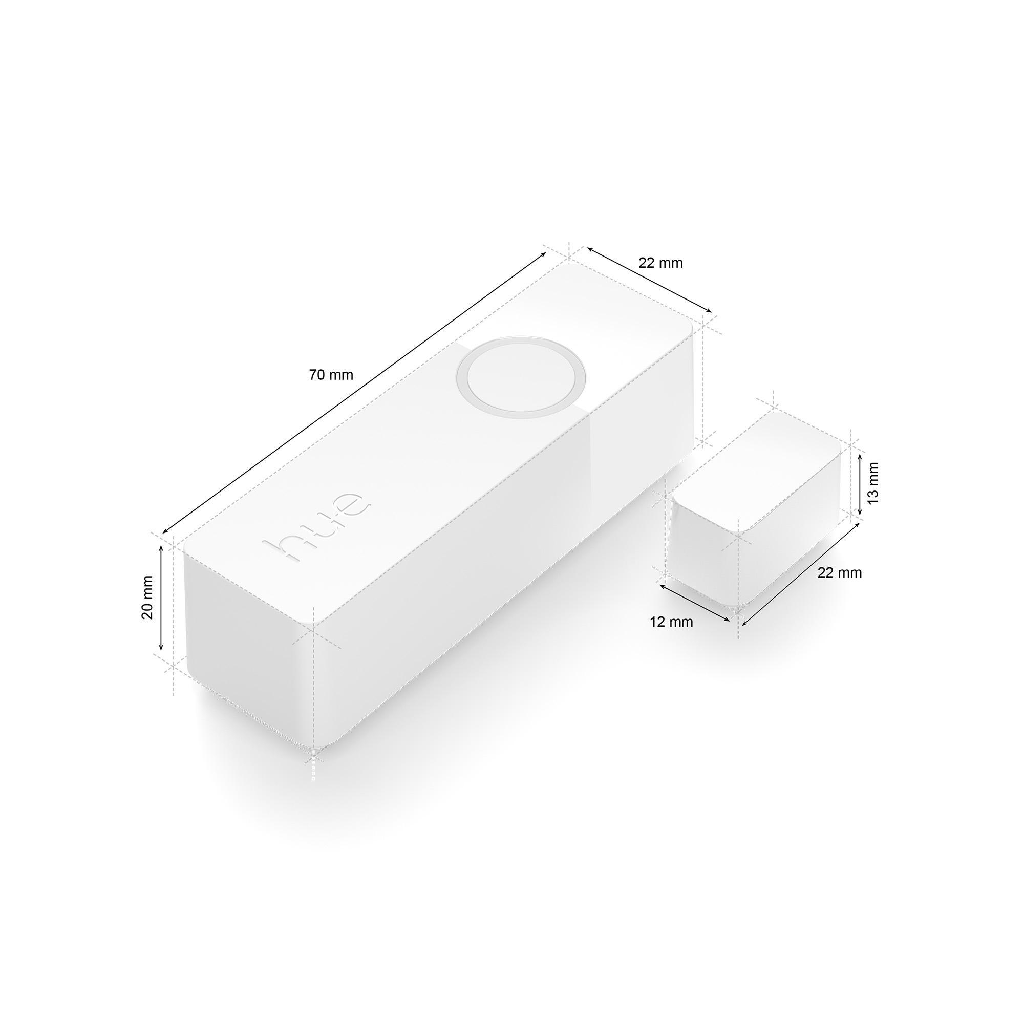 Weißer Hue Smart Button und seine rechteckige Basis. Abmessungen sind mit 20 mm, 70 mm und 22 mm beschriftet.