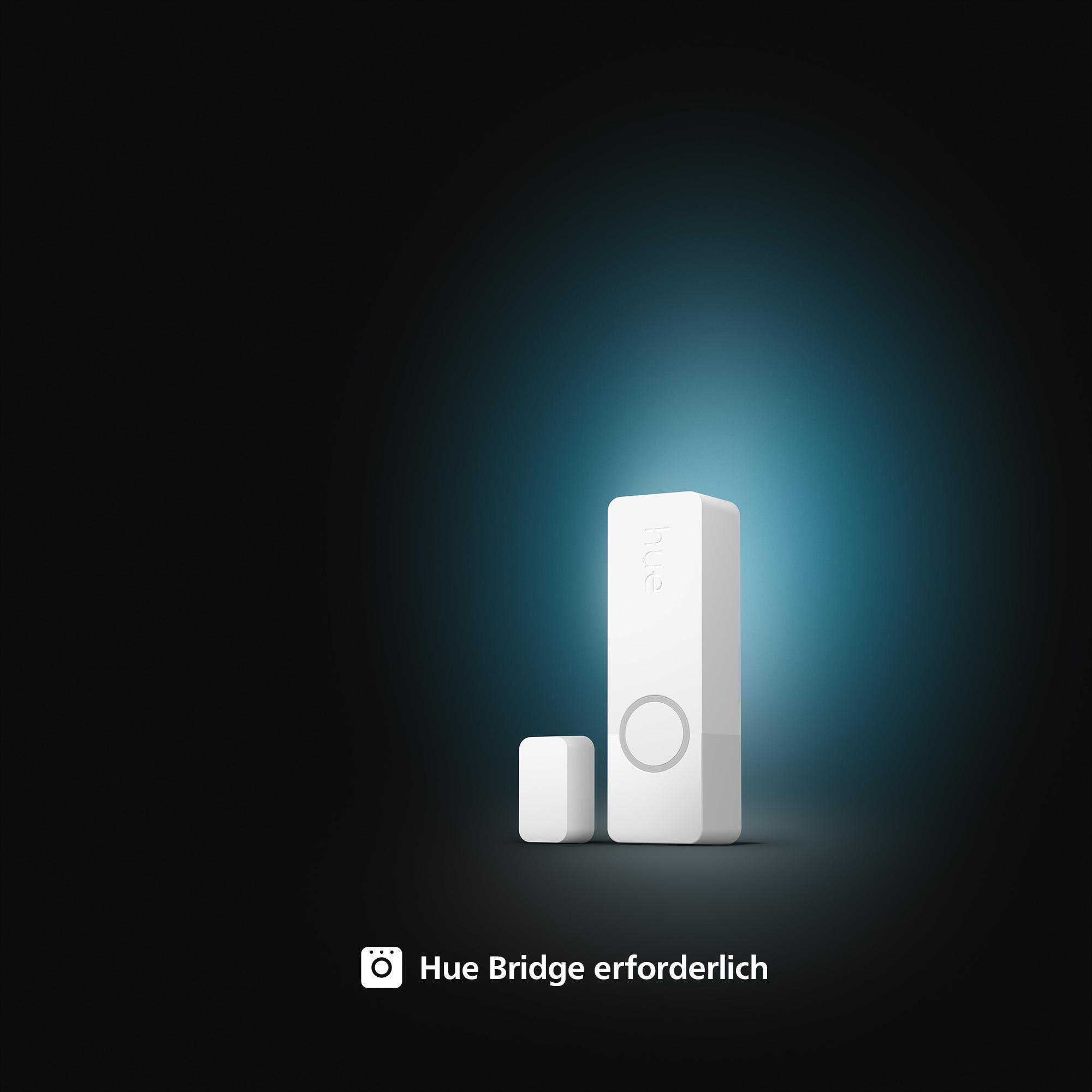 Eine weiße Hue Bridge und ein kleiner weißer Quadrat. Ein blauer Farbverlauf Hintergrund.