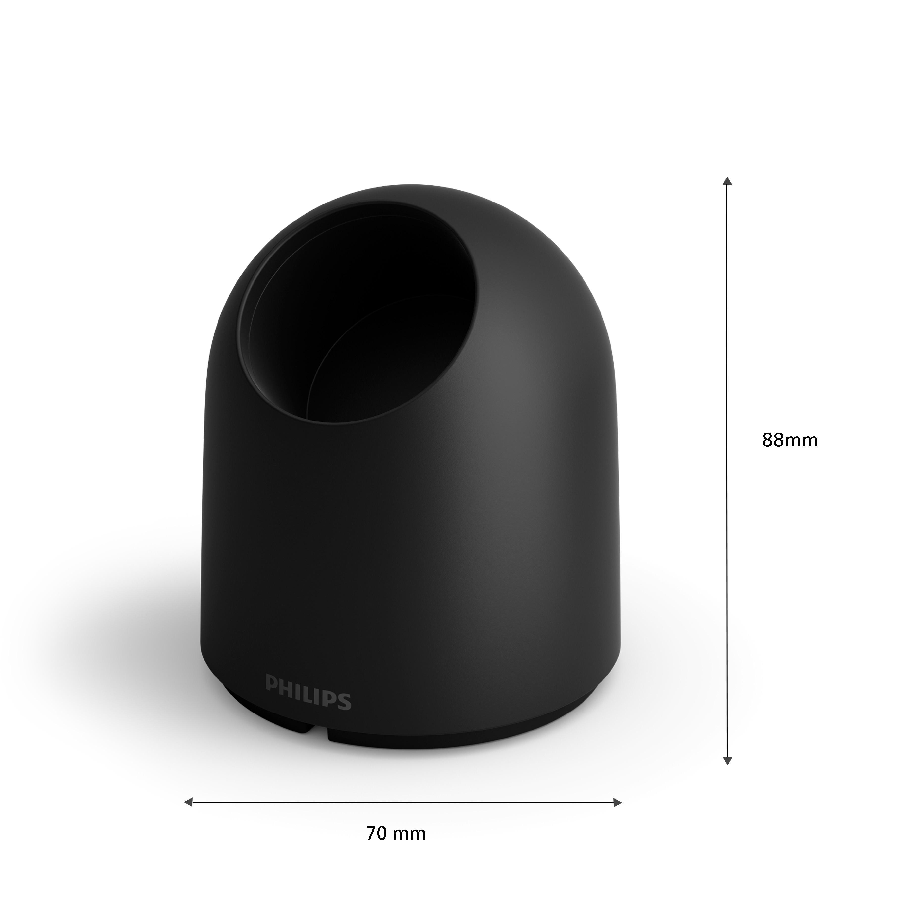 Schwarzes, rundes Philips-Gerät für Smart Home. Zylindrische Form, beschriftet.