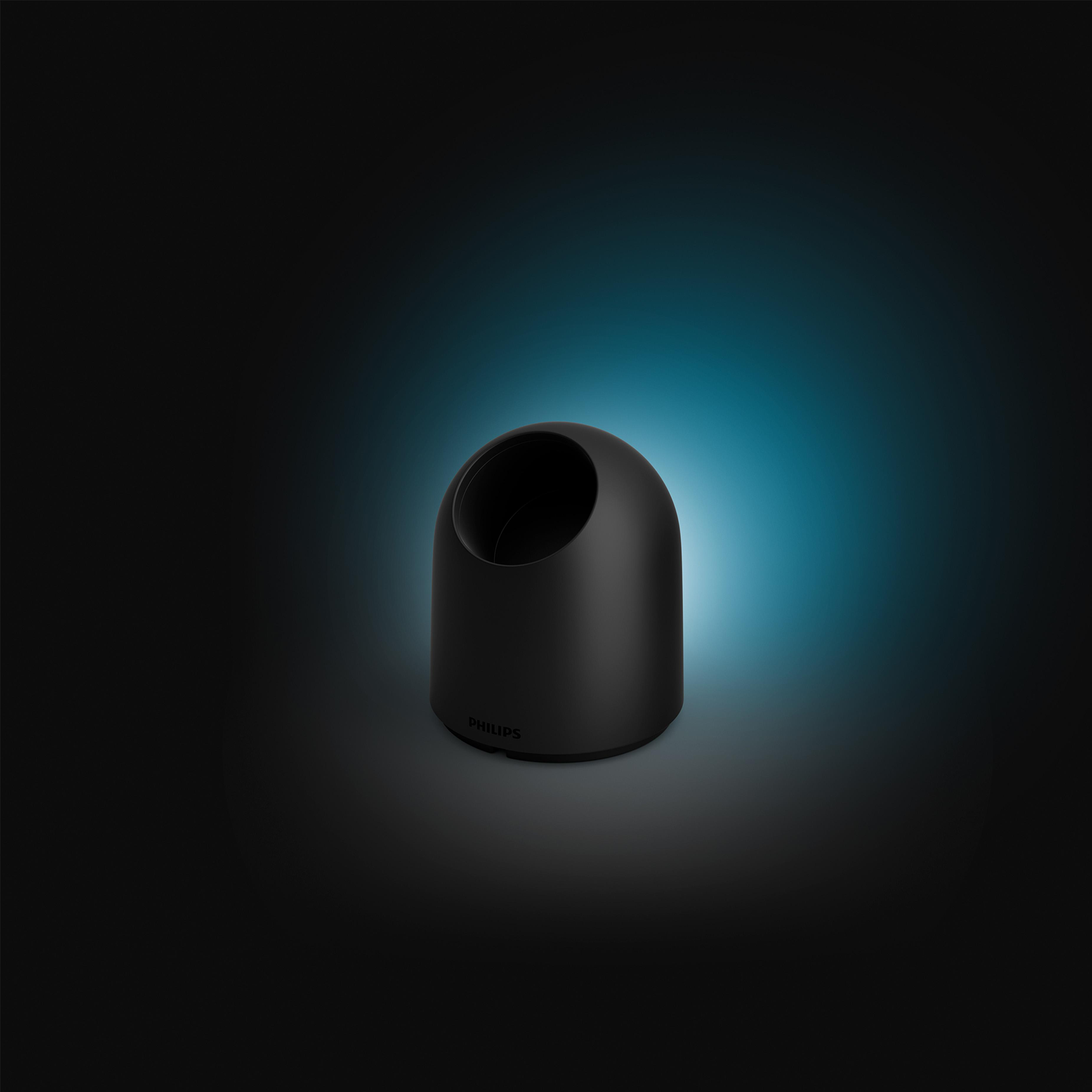 Eine schwarze zylindrische Außenleuchte mit blauem Hintergrund, mit dem Philips-Logo.