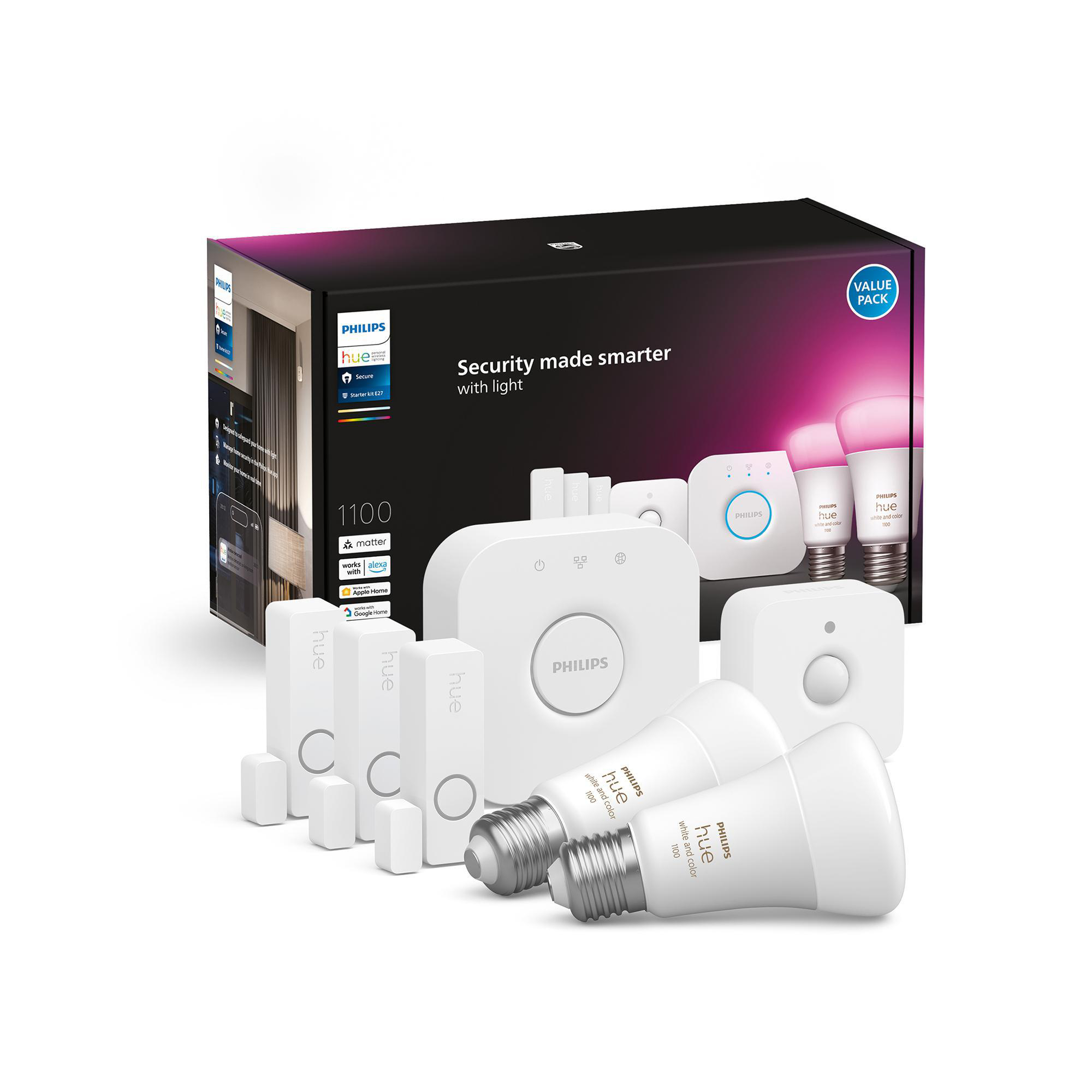 Philips Hue Smart-Beleuchtungs-Set. Enthält Bridge, Glühbirnen, Sensoren und weiteres Zubehör in der Box.