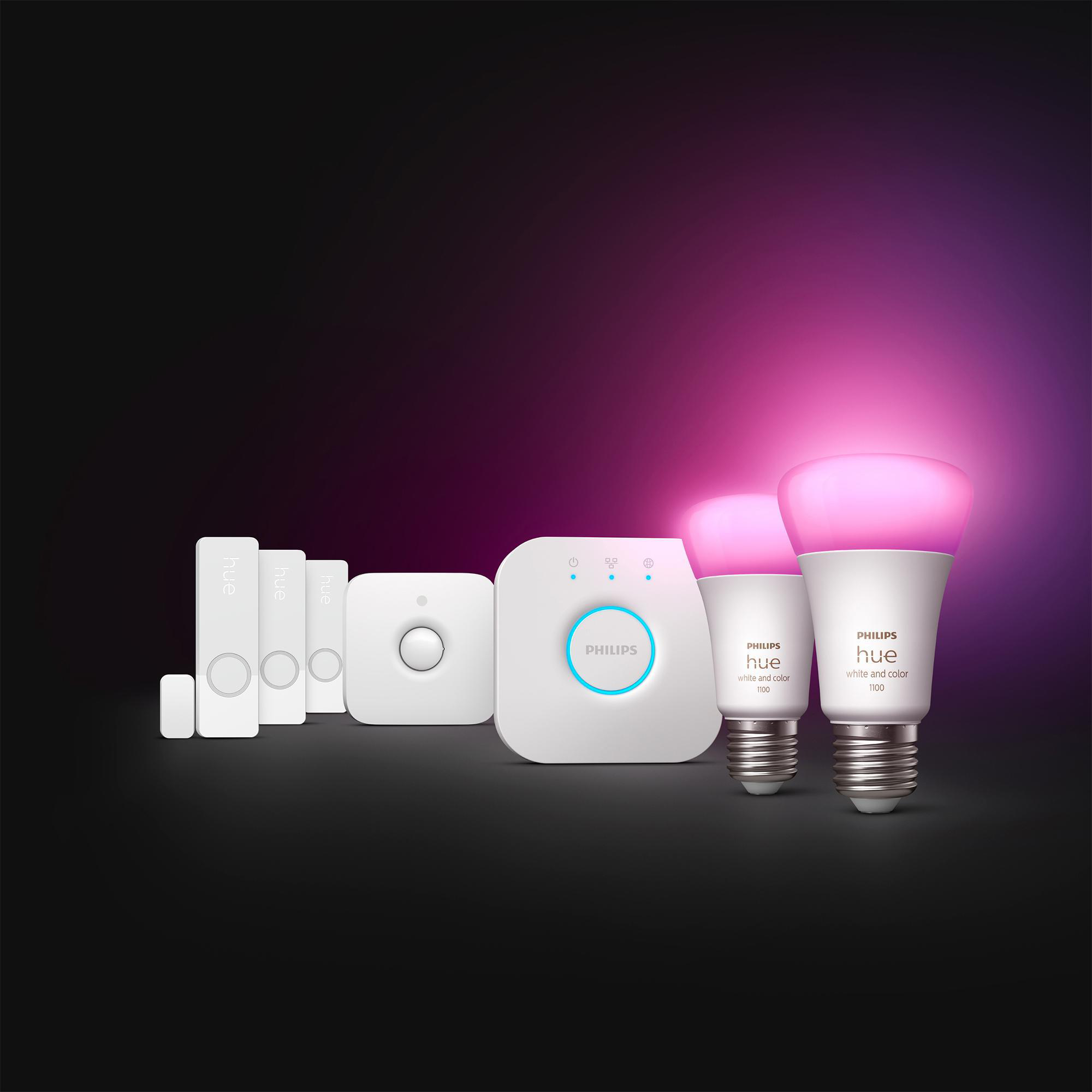 Eine Präsentation von Philips Hue-Smart-Lighting-Produkten, einschließlich Glühbirnen und Hub.