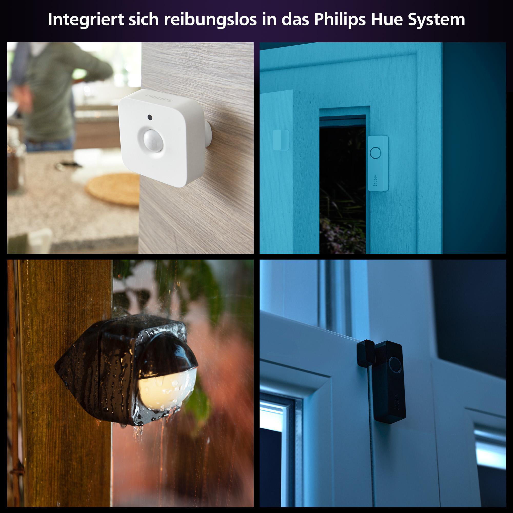 Philips Hue Smart-Home-Produkte. Bewegungsmelder, Türsensor und eine Kamera.