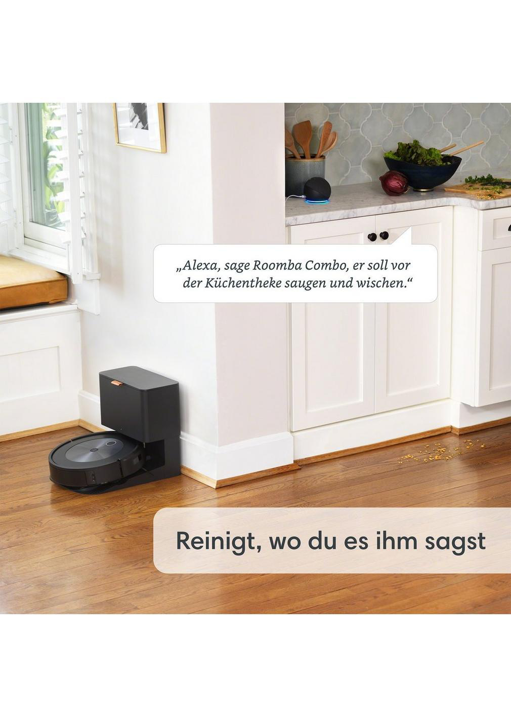 Roboter-Staubsauger und Ladestation in einem Raum, mit Textblase und Holzboden.
