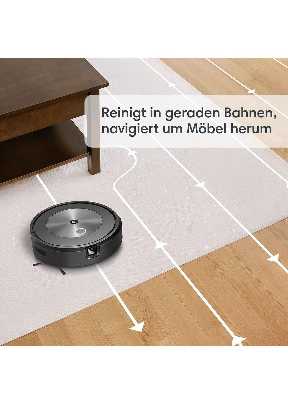 Roboter-Staubsauger reinigt Teppich, navigiert um Tisch, weiße Pfeile.