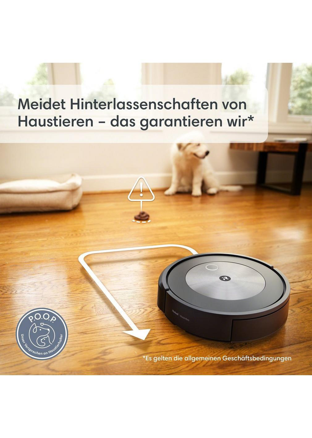 Ein Roboter-Staubsauger auf einem Holzboden. Ein Hund ist im Hintergrund. Ein Kot-Symbol ist im Bild.