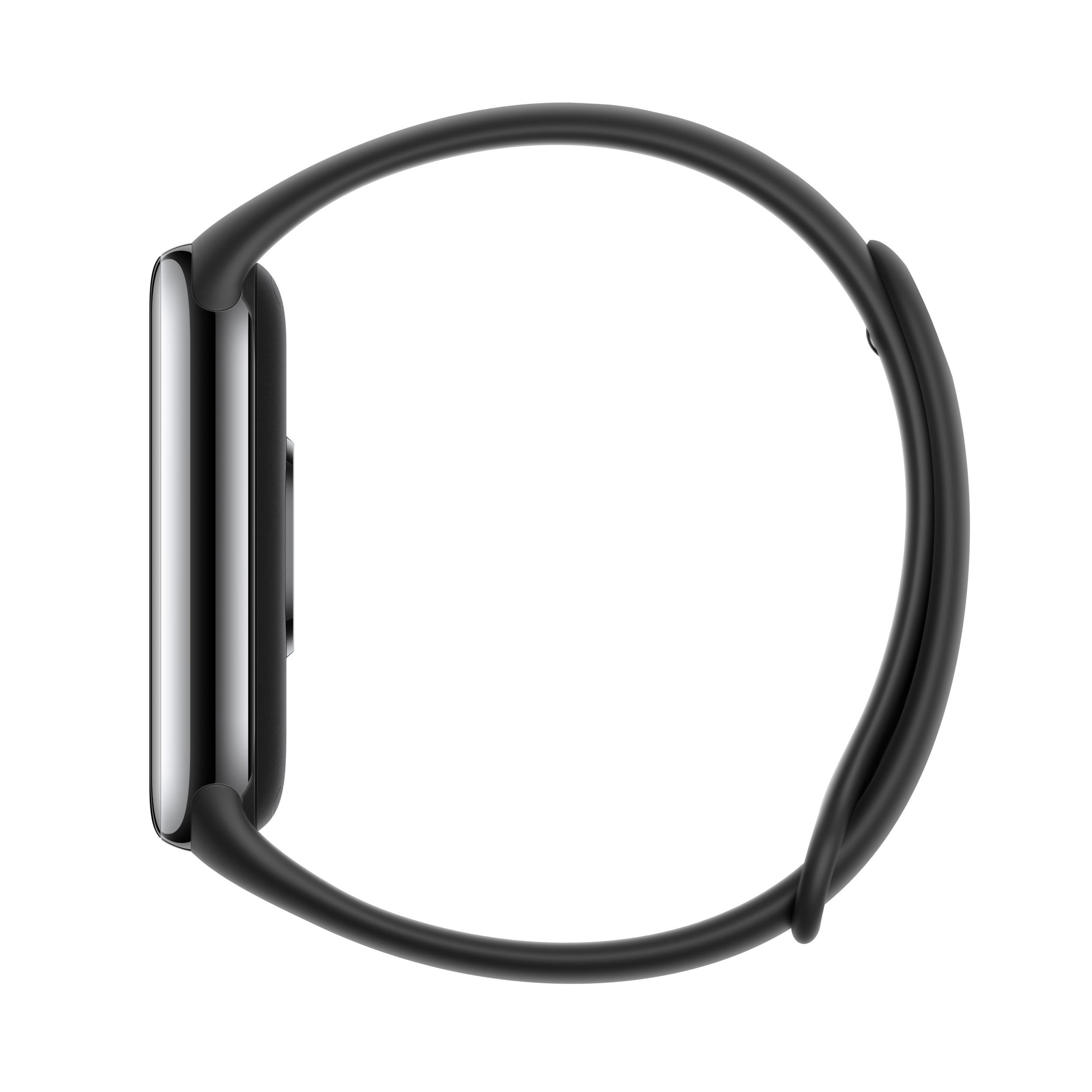 Schwarze Smartwatch mit schwarzem Armband, Seitenansicht.