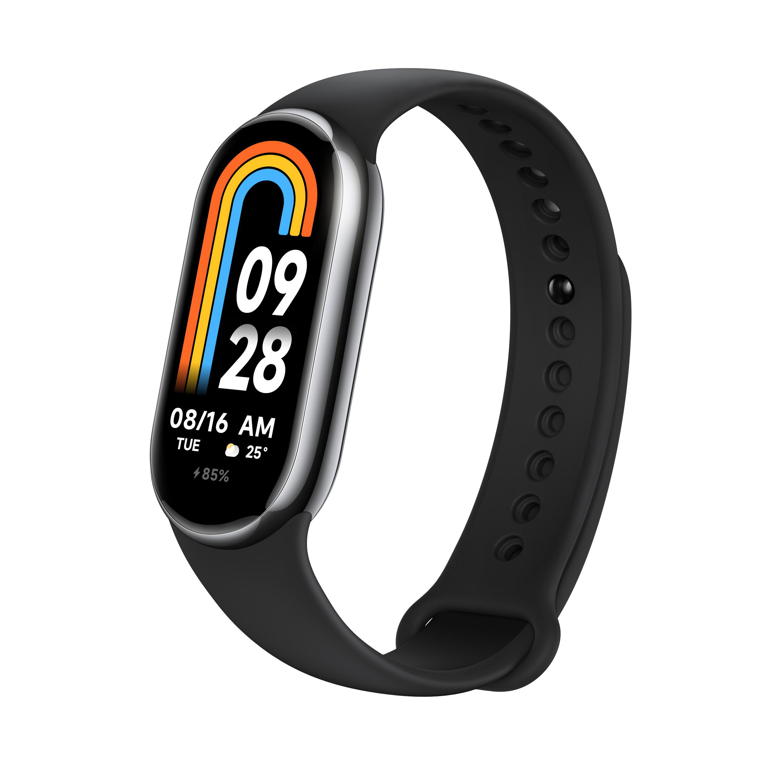 Eine schwarze Smartwatch mit schwarzem Armband. Der Bildschirm zeigt Datum, Uhrzeit und Akku.