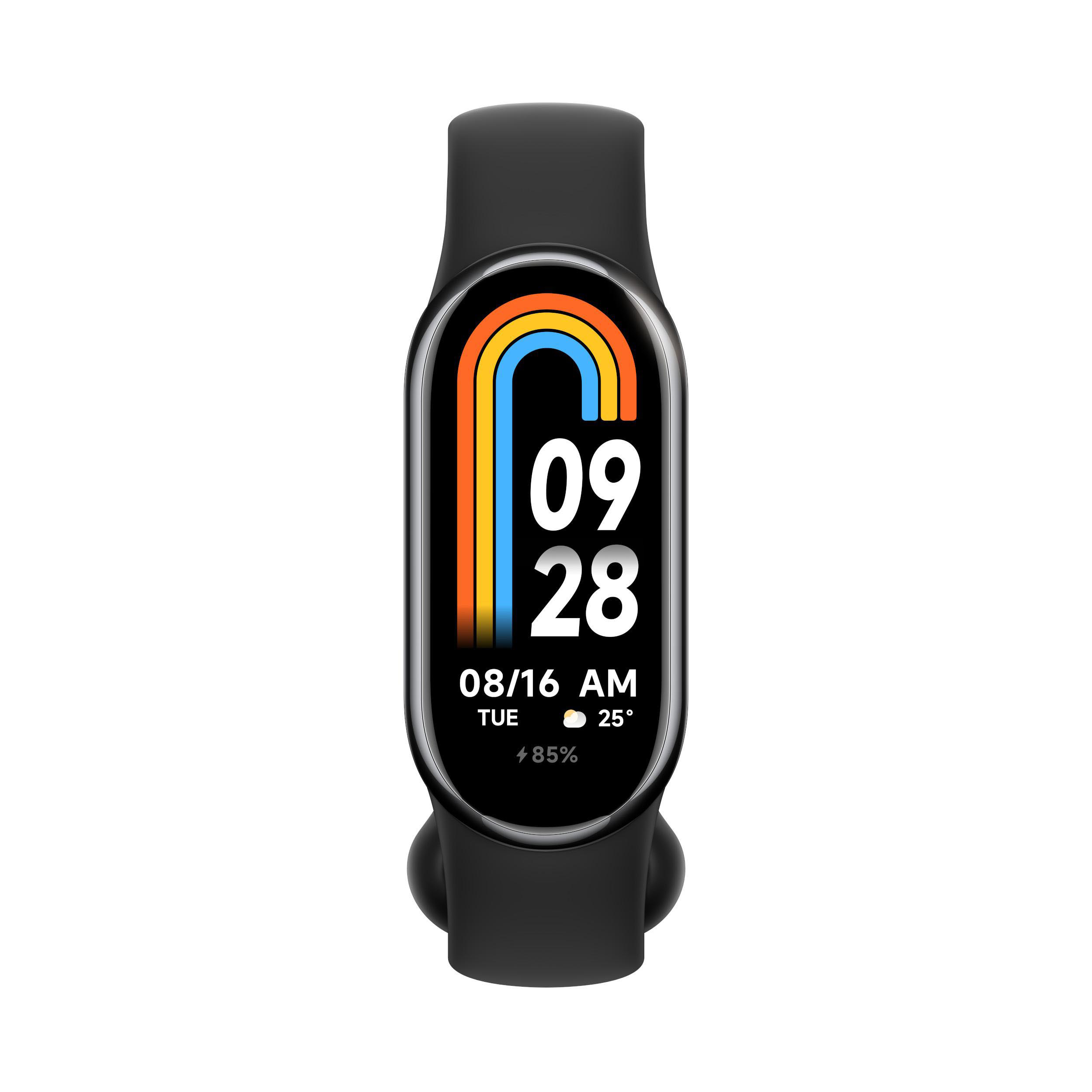 Schwarzer Fitnesstracker mit farbigem Display, das Datum und Uhrzeit anzeigt.