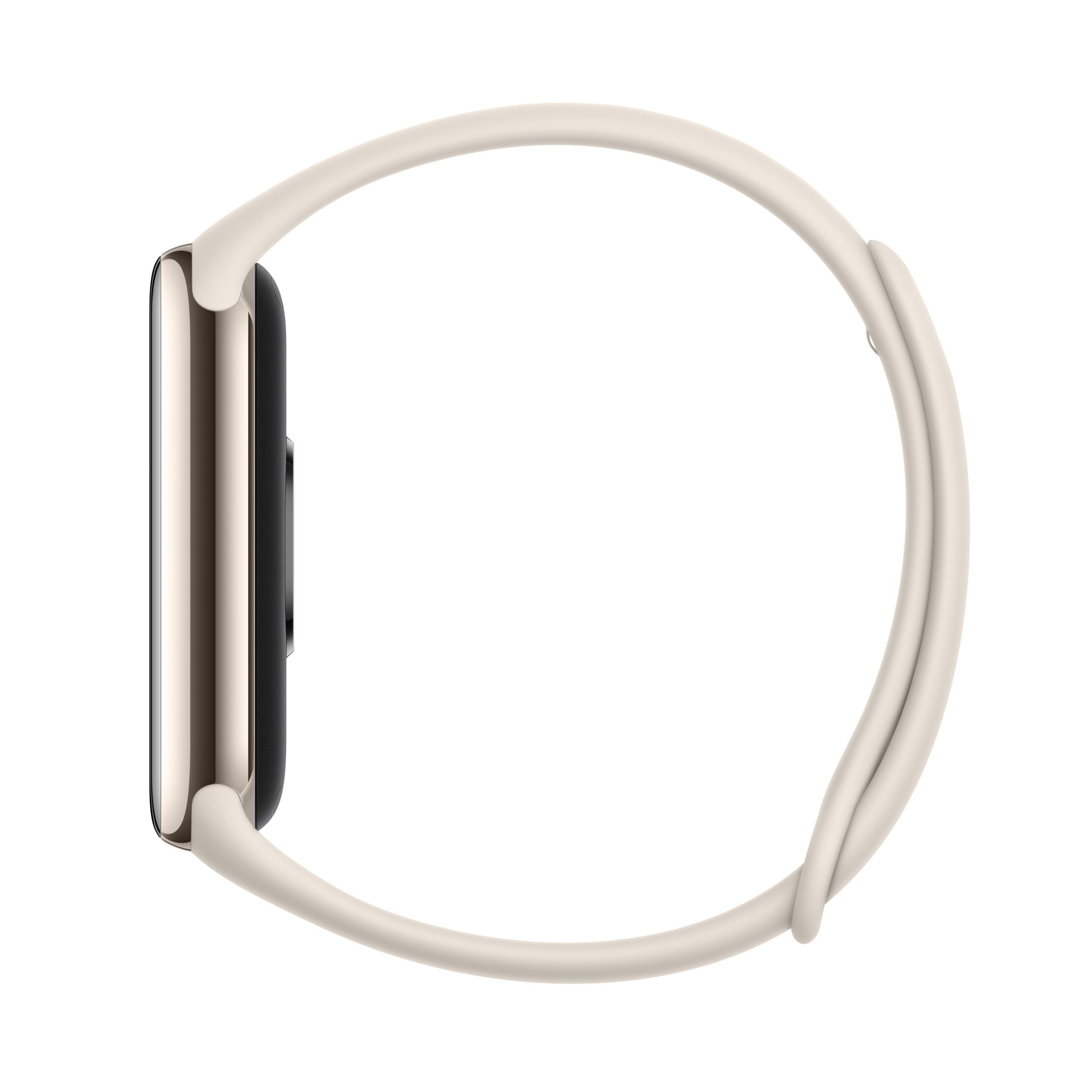 Seitenansicht einer Smartwatch mit cremefarbenem Armband und schwarzem Display.