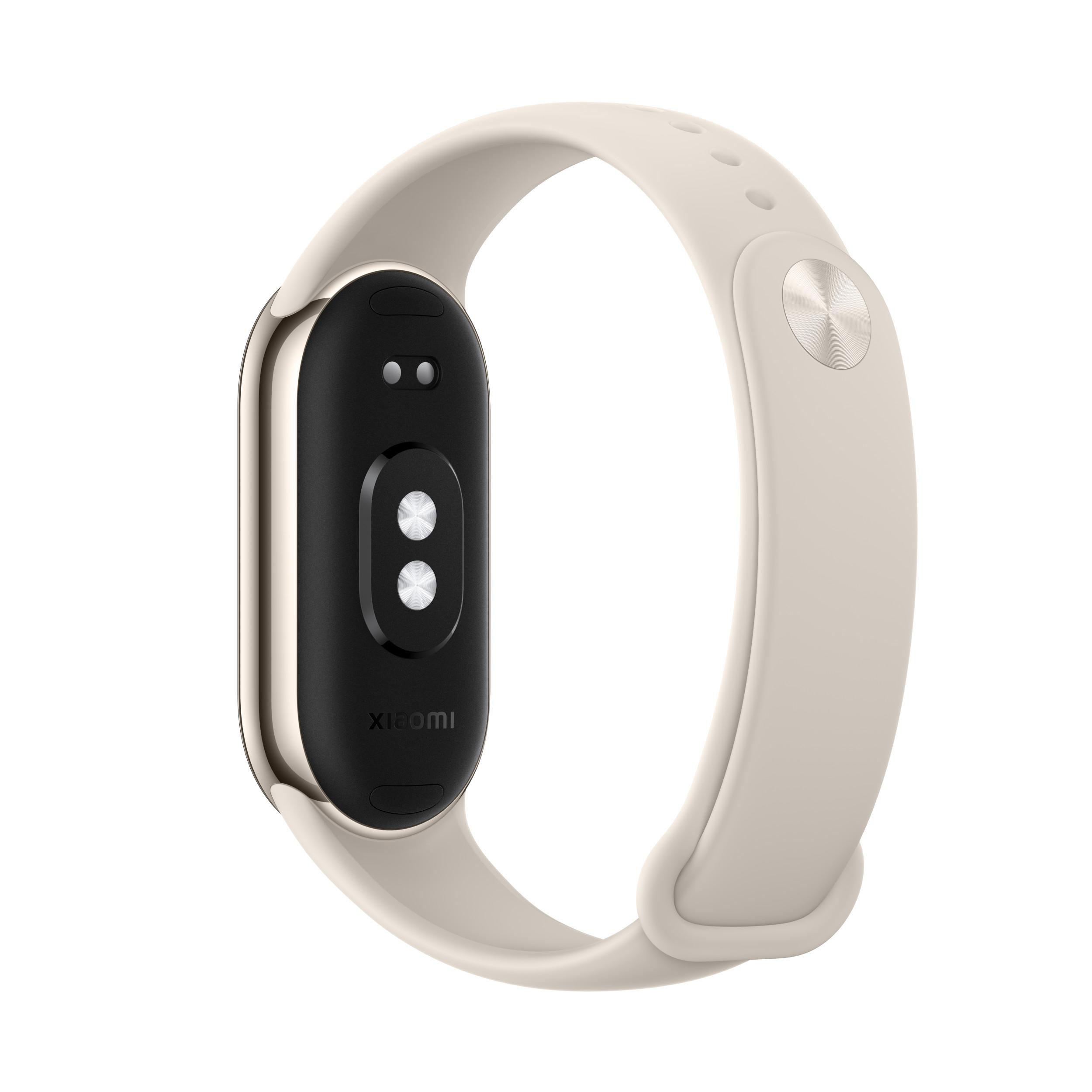 Xiaomi Mi Smart Band in Cremefarbe. Es hat ein schwarzes ovales Display und ein cremefarbenes Armband.