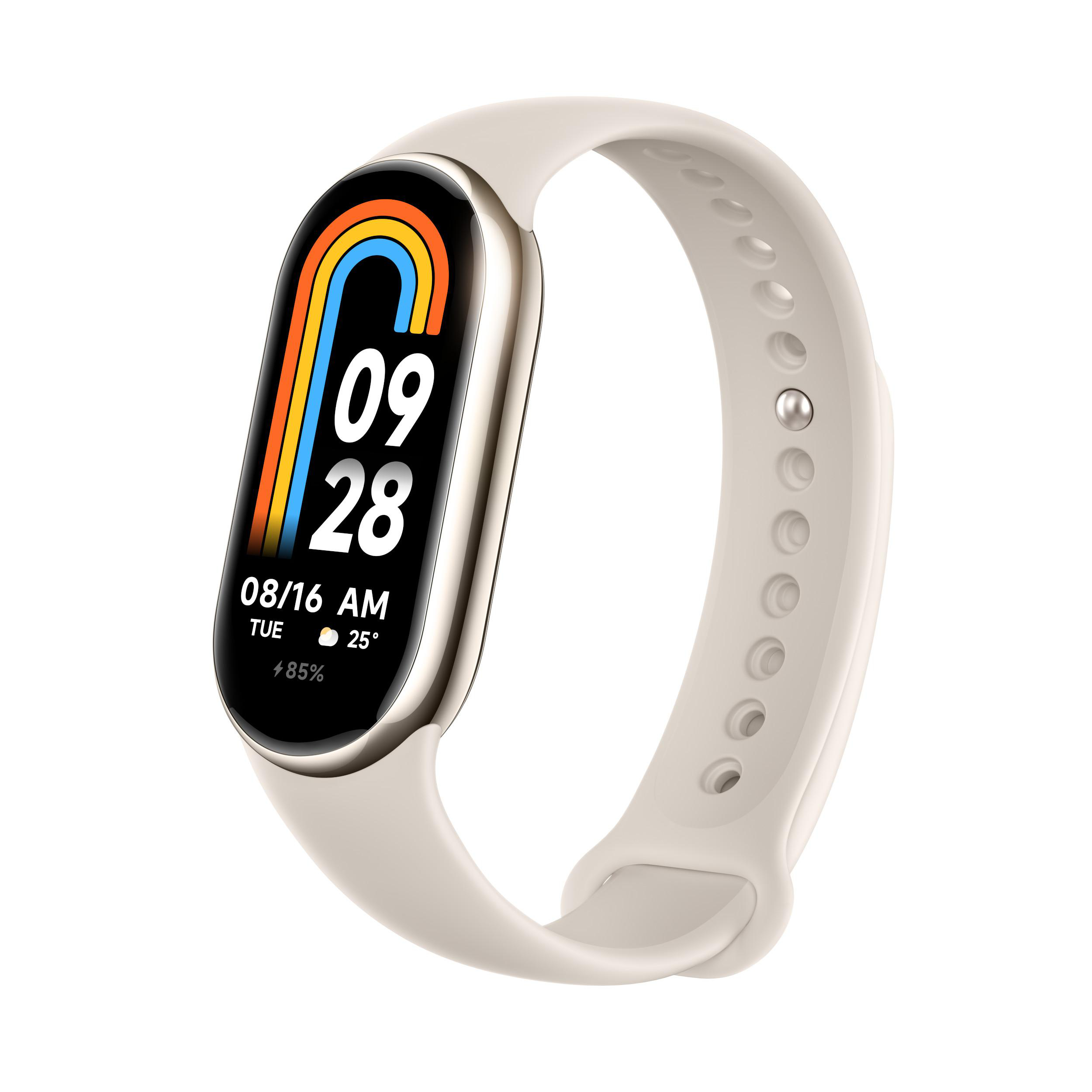 Eine weiße Smartwatch mit farbigem Display, das Datum und Uhrzeit anzeigt.