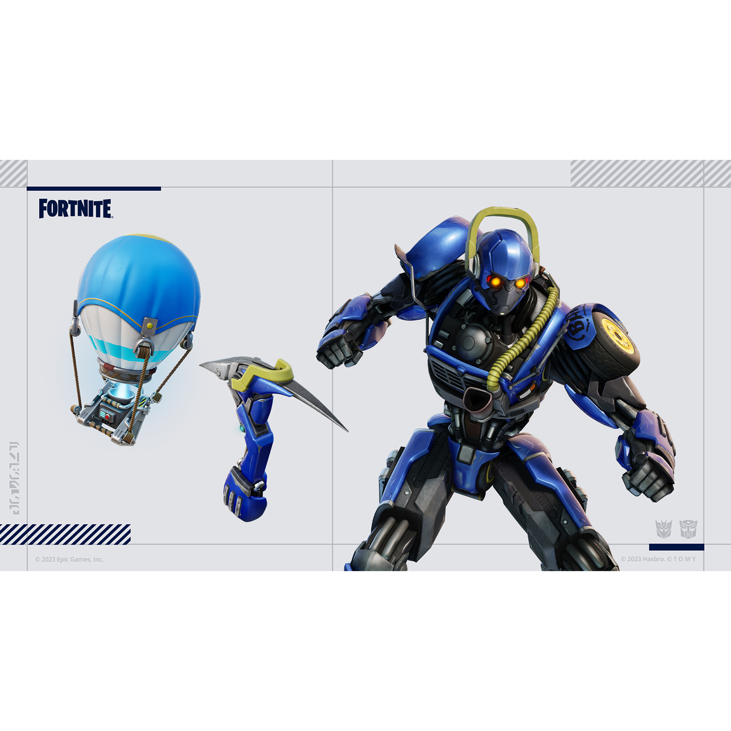 Illustrazione di Fortnite con un personaggio blu, deltaplano e piccone.
