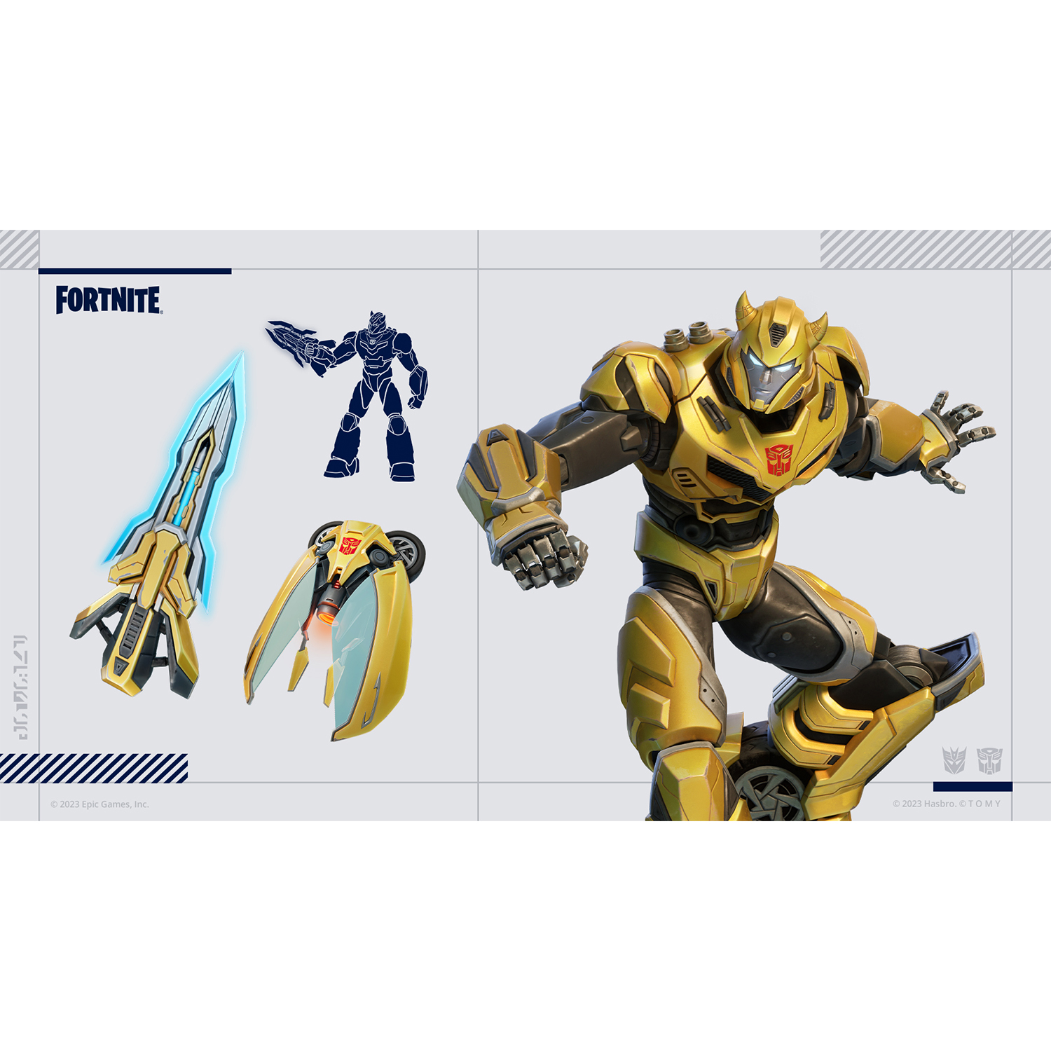 Arte di Fortnite e Transformers. Vengono mostrati Bumblebee e armi.