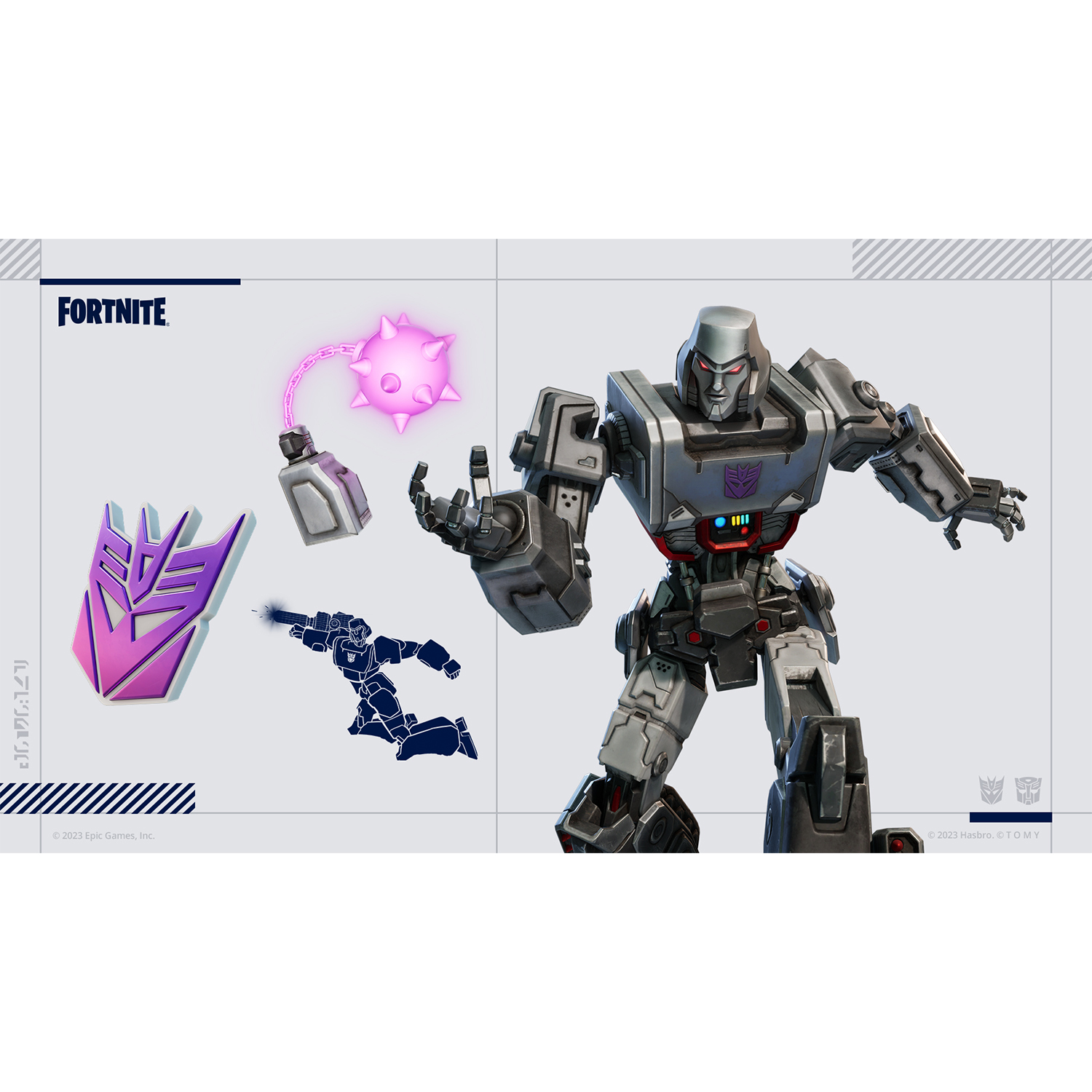 Immagine di Fortnite con Megatron, uno scudo, una bottiglia e un personaggio con una scia luminosa.