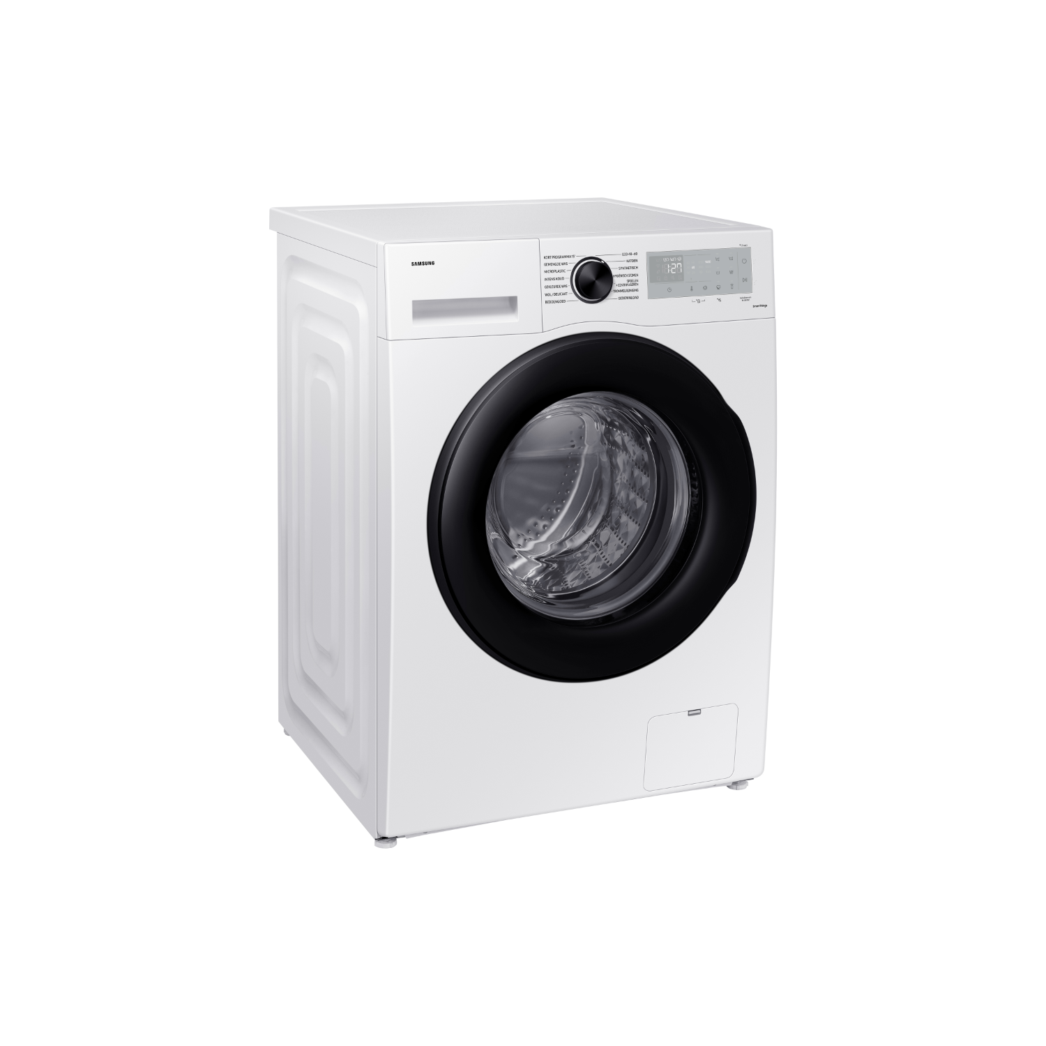 White washing machine with a black door and control panel. It is a white appliance.