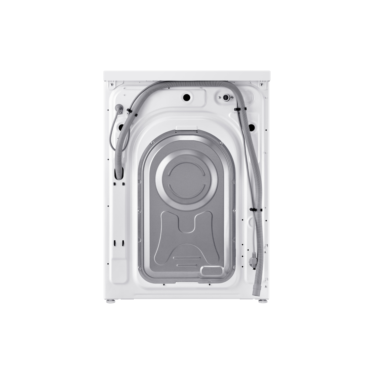 Back of a white washing machine with hoses and a silver metal center.