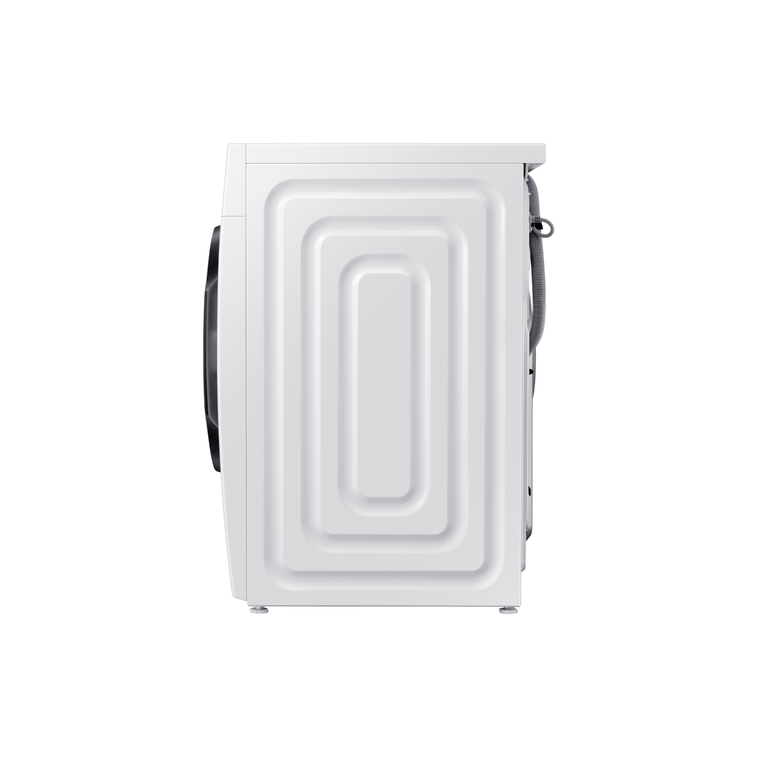 White washing machine side view, against a black background.