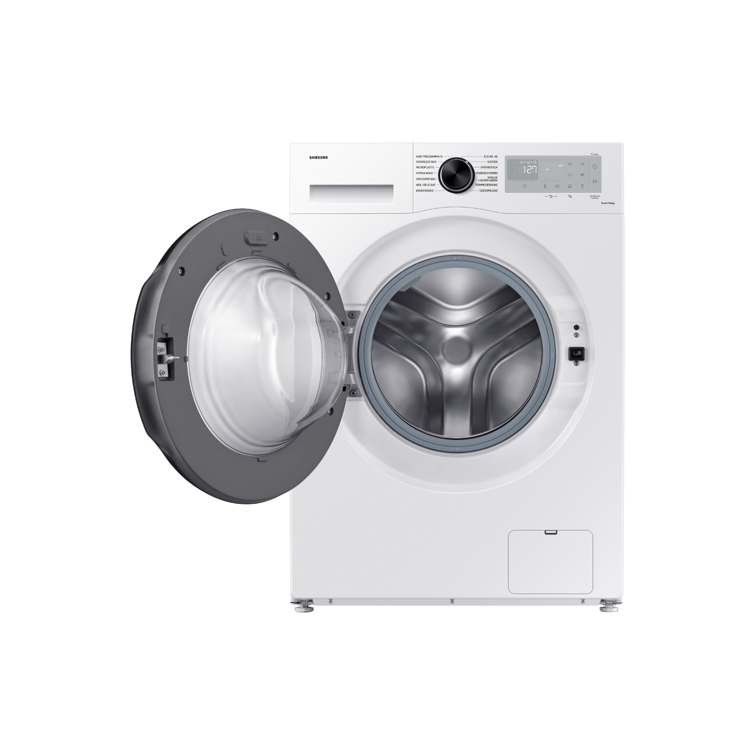 Washing machine, white, open door, controls visible.